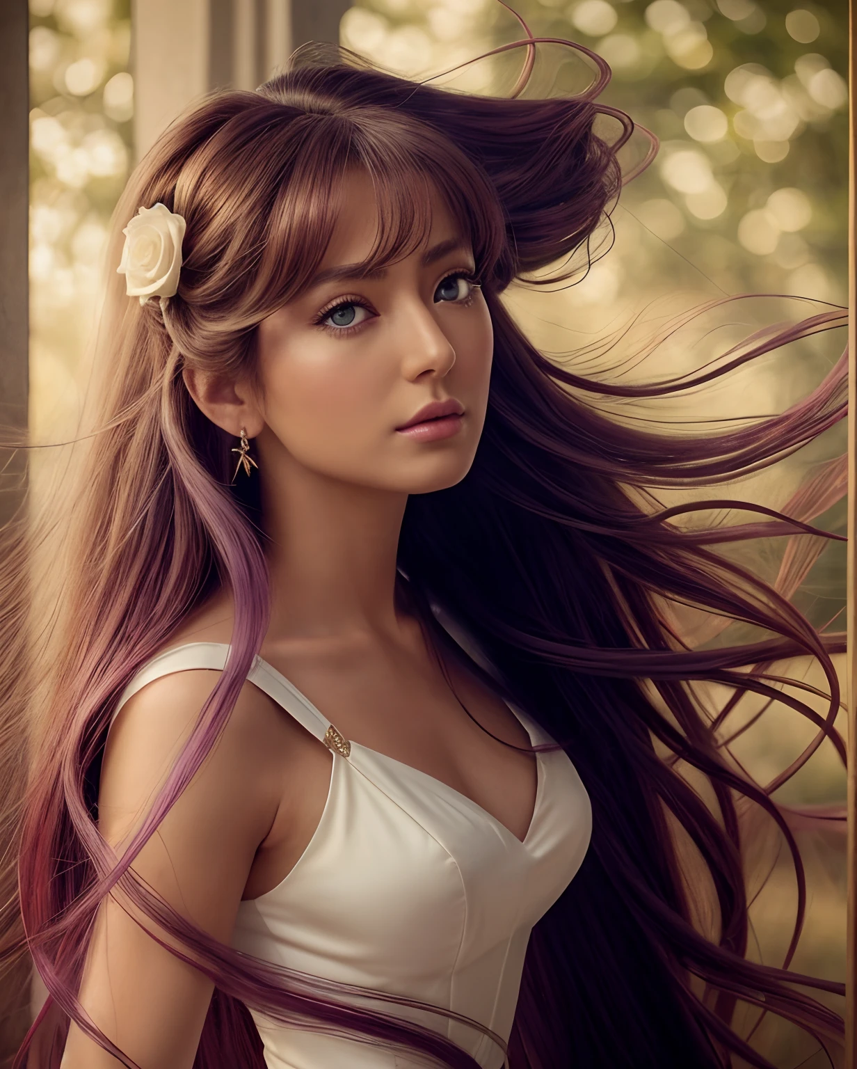 Highresolution, realistic. Saint seiya, Saori Kido, Masterpiece, close up, beautiful woman, 1girl, greek features, big green eyes, , beautiful face, detailed face, delicate nose, delicate lips, rose lips, long purple hair, straight hair, bands. Wearing a delicate white dress. Perfect dress. Illuminated by multicolor aura. looking in front. Slightly side view.
