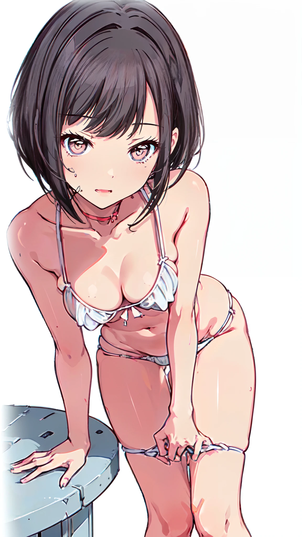 ((White string bikini　Leaning forward))　(Show female genitalia clearly　Very detailed down to the smallest detail　clear outlines　Beautiful face　Beautiful skin)  thin-waist　A slender　ribbed　skinny limbs　teats　cleavage of the breast　Beautiful breasts　a short bob　Beautiful fingertips　Pink Nails　Anime style