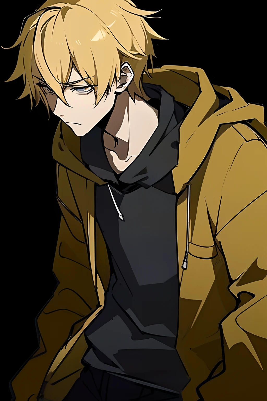 1guy, Blonde hair, hazel eyes, dark brown hoodie, hood on, dark pants, sad, lonely, depressed expression, bright golden highlights, glowing light, dark contrast