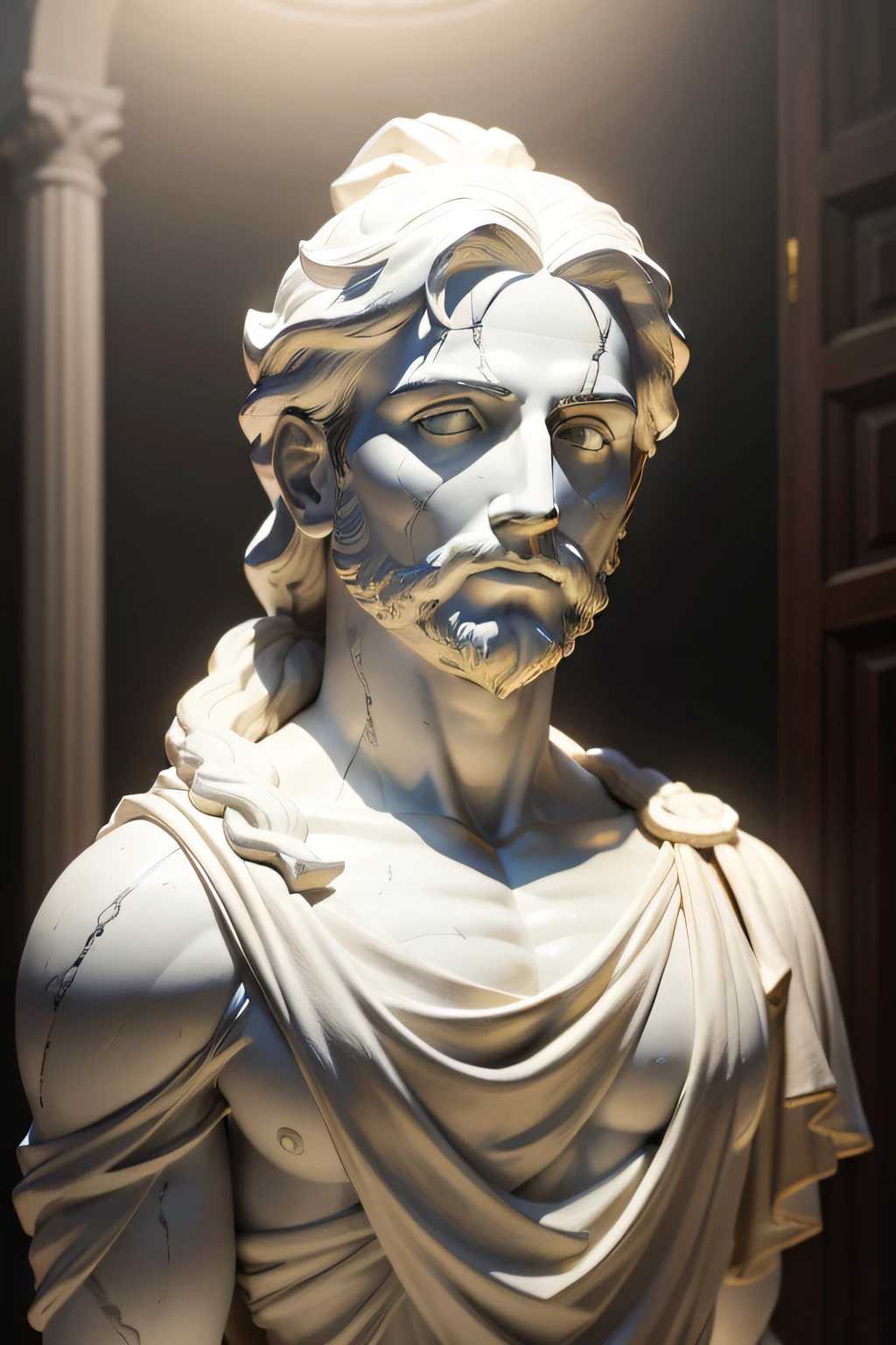 White marble statue of bust of Elliott smith with the style of the Greek philosopher in the museum. Atmosfera escura, alto contraste de luz e sombra, fotografia profissional, utrarealista, Light Volumetric, cinemactic