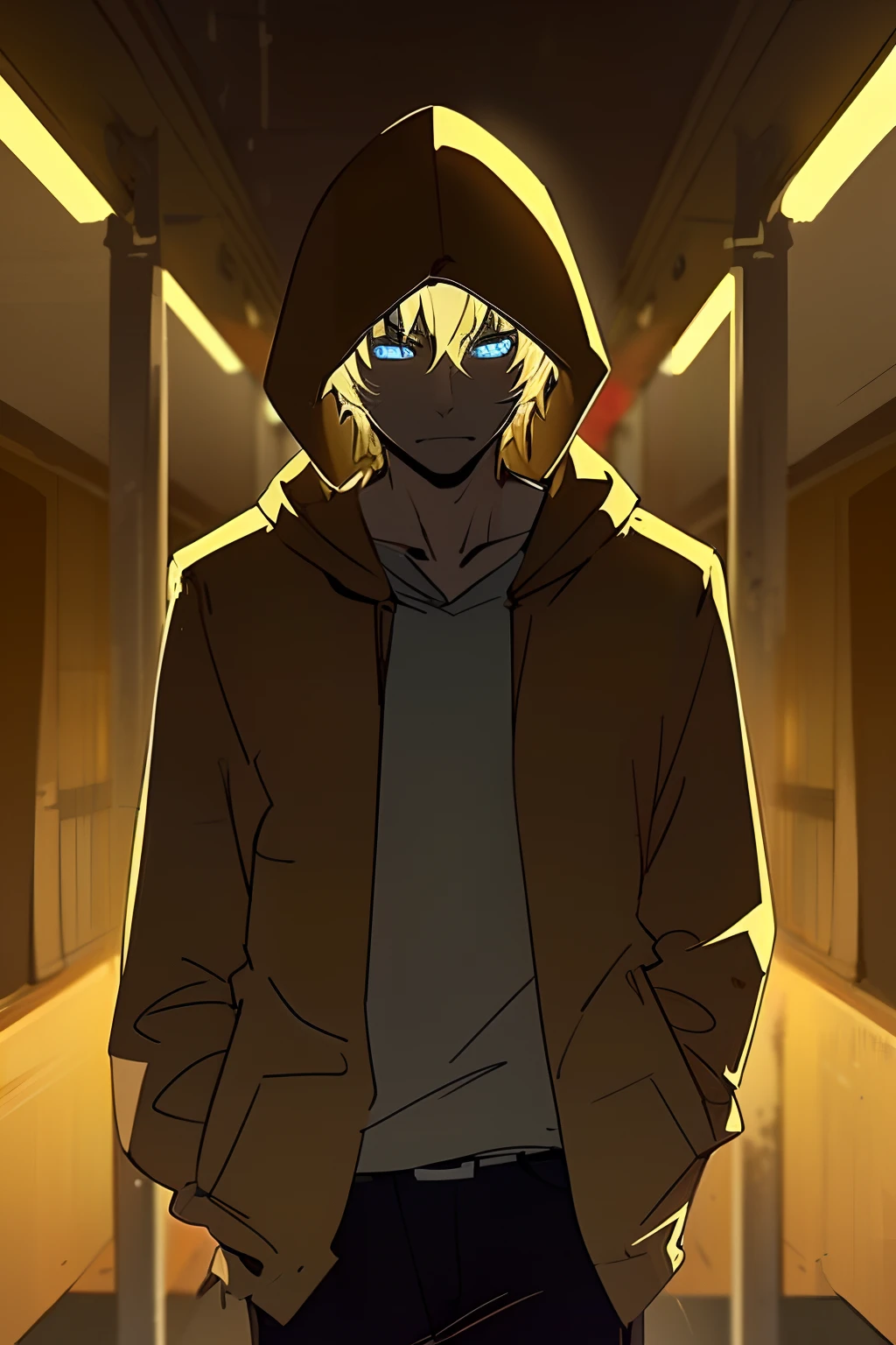 1guy, Blonde hair, brown hoodie, hood on, dark pants, sad, lonely, depressed expression, bright highlights, glowing light