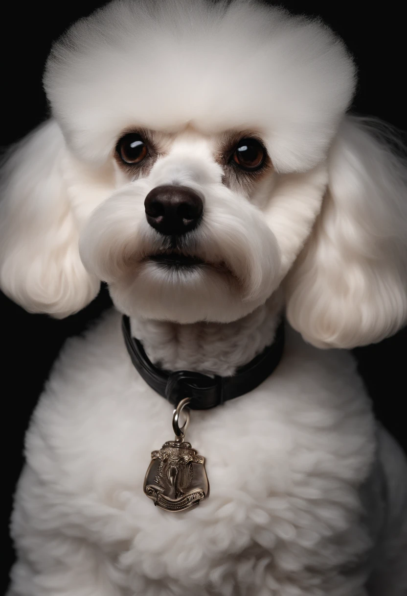 white poodle, small, ultra-realistic, hd, dog in doctor uniform, black backdrop from studio, proffesional photography