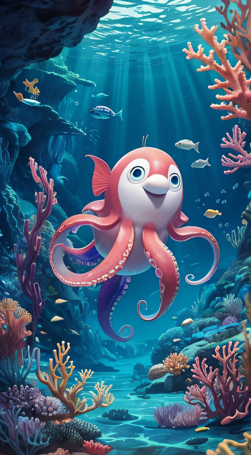 create imagem of the following story: "Aquarela, the most colorful little fish in the ocean, dreamed of exploring beyond the coral reefs and seaweed. He followed a sea butterfly on an exciting journey, discovering the wonders of the ocean but also facing dangers like sharks and jellyfish. In a mysterious cave, he found a treasure protected by Olaf, a giant octopus. With the help of a mermaid named Sofia, Aquarela escaped and learned that true beauty lies in friendship and courage, not just in appearance."