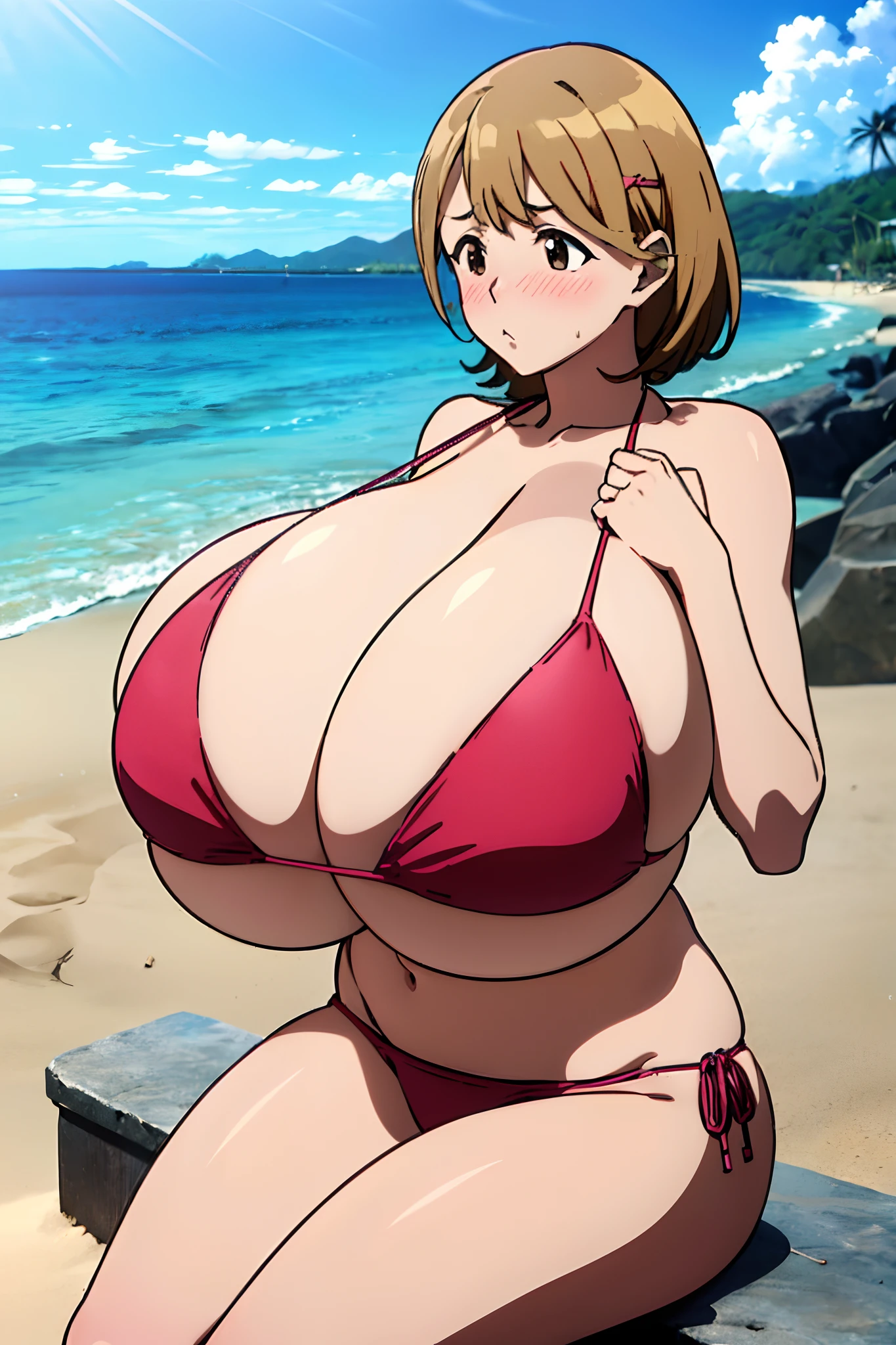 Narusawa Wanghua,,(high-level image quality、masutepiece、4K,8K,Anime Cell Style,Best Quality),(huge-breasted:1.5),(Tight bikini:1.3),(The bikini:1.3),(the beach:1.3)、Nagatiti,blush