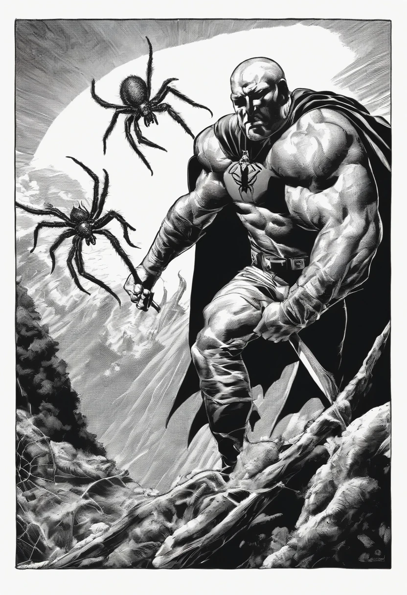 Heroi on his back with cape and a torch fighting giant spiders, preto e branco, estilho Frank Miller