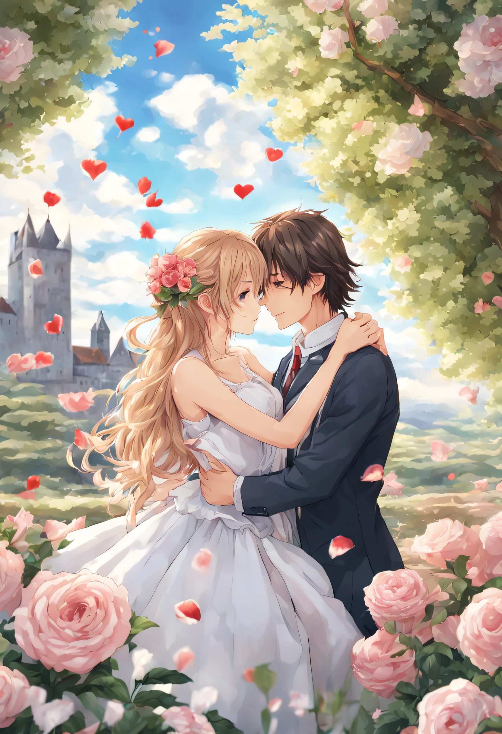 Romantic Atmosphere,couple cuddling,anatomia do homem perfeito, anatomia da mulher perfeita.
Passeio pelo Mar de Rosas, Under Blue Sky and White Clouds, Shoujo Style Romance Manga anime, Feel the romantic theme of Valentine's Day。spring season, realista, alta qualidade, reflexo de lente, sombra, imagem de corpo inteiro, Perfect scene of the Middle Ages. Mola 35mm, ultra detalhes, detalhes de textura precisos HDR, UHD,16k,