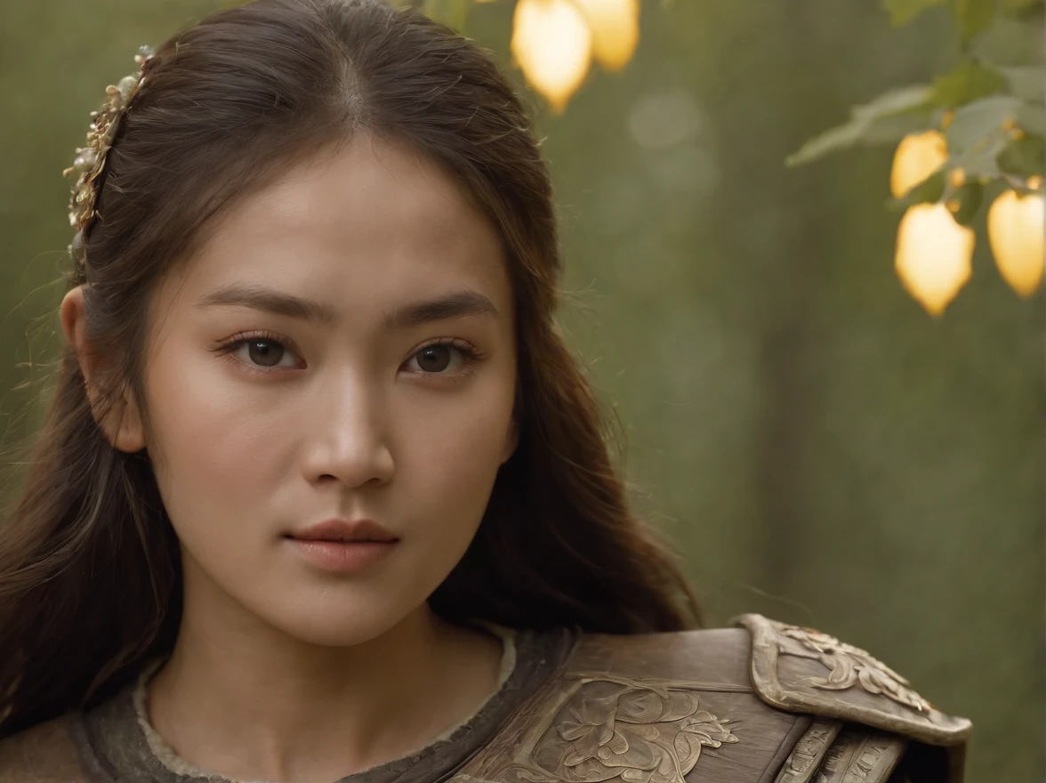 A beautiful 21-year-old Mongolian woman, ((Princesa Khutulun, el descendiente de Genghis Khan, viste ropa para la guerra, which is in the middle of a forest full of fireflies walking cautiously among the trees)), Primer plano del cuerpo desde abajo, Forest with fireflies, Bosque MONGOL, puesta del sol, calidad premium, Arte por Tron_Flynn, ultrahigh resolution, (real: 1.4), film lighting, (ultra realista), (High resolution), (8k), (Altamente detallado ), (best illustration), Cara detallada,
