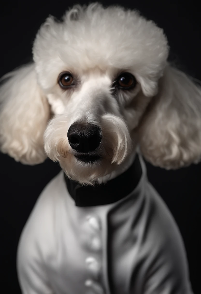 white poodle, small, ultra-realistic, HD, poodle in chef uniform, the black backdrop from the studio, professional photography, Cinematic, hdr, high quality