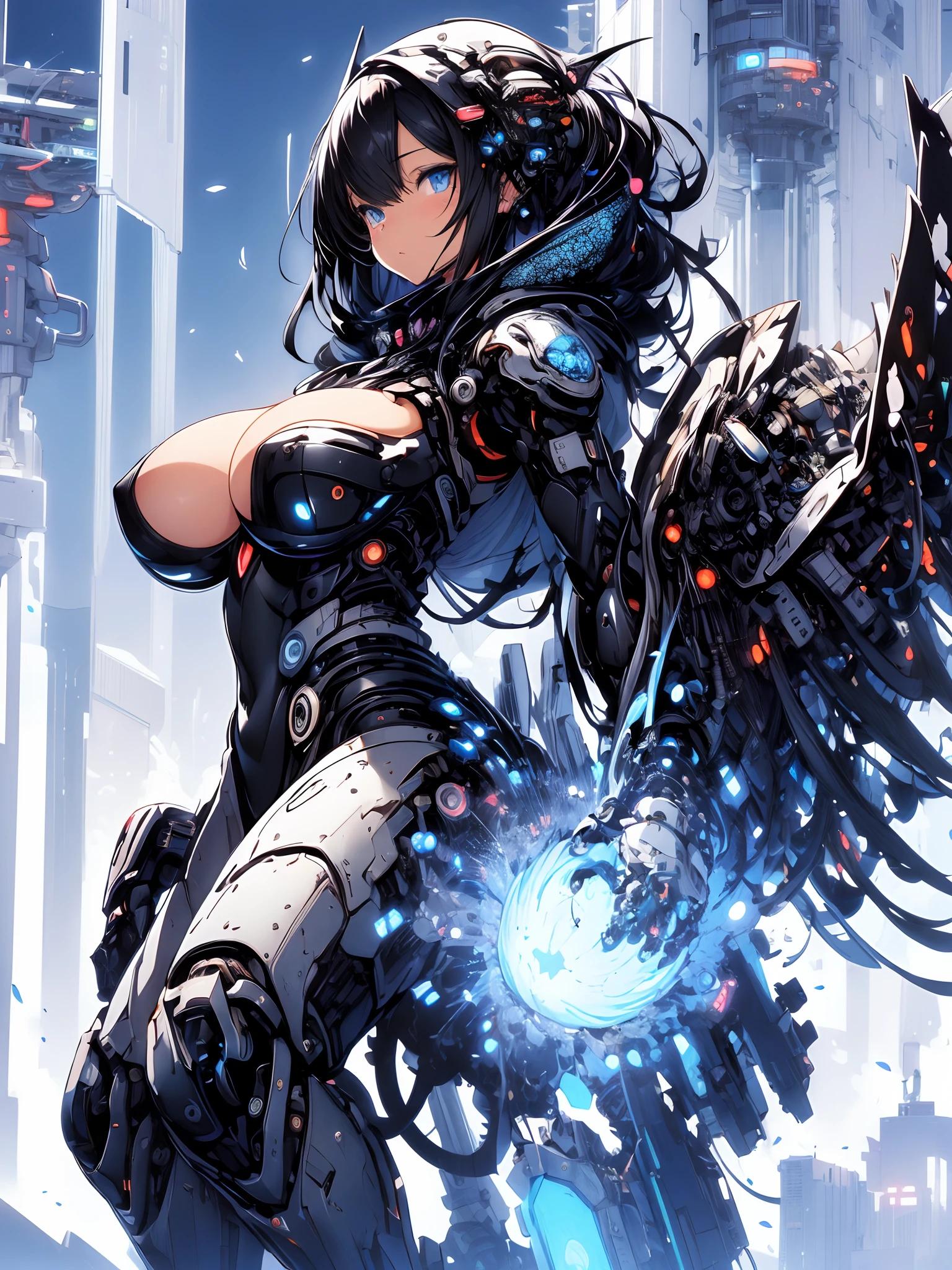 The most beautiful and sexy mecha warrior girl, black hair, blue eyes, wearing a highly detailed futuristic hooded mecha battle armor, mechanical angel wings, huge enormously gigantic tits, cleavage showing, tons of tattoos and piercings, in hyper futuristic city metropolis, cherry blossoms blowing in the wind, highly detailed background, absurdres, highres, ultra detailed, (cute illustration:1.5), (cute,kawaii,sweet:1.2),
(1girl:1.4), bodysuit, cyborg girl,
hyper gigantic mechanical hands,incredibly dynamic pose, looking back at the camera
nice hands, perfect hands, incredibly cinematic, best quality, best resolution