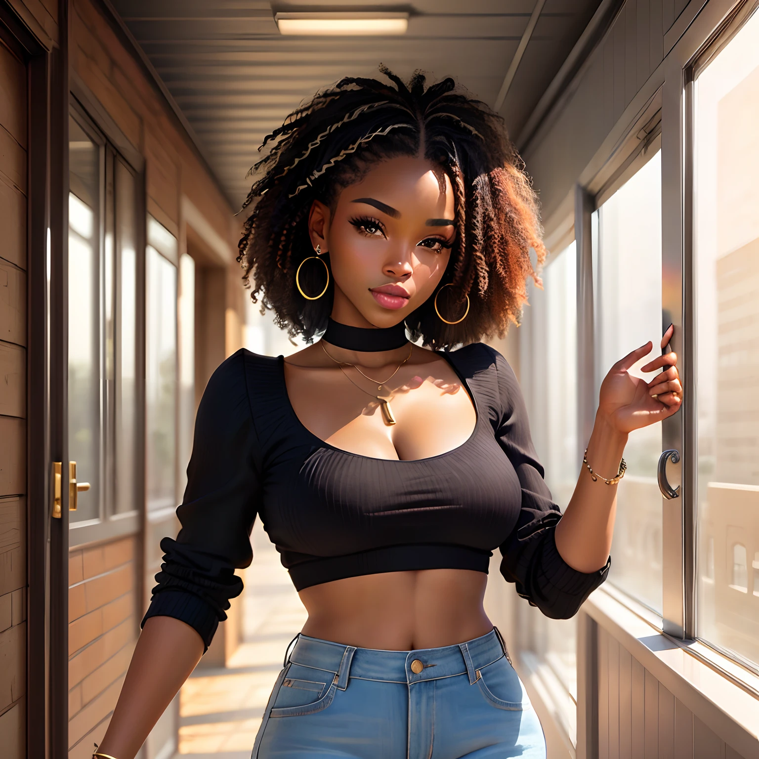 ((African dark skin, very deep ebony skin)), ((her beauty is undeniable)), ((excited cute face)), ((hyper detailed perfect eyes,)), ((cute pose)), ((tongue out)), ((seductive )), sexy, ((naked tight mesh shirt, sexy short shorts)), ((African long curly afro ponytail hair,)), (( skin)), ((standing, front view)), ((touching her own legs in a sexy pose)), ((outdoors, public city)), sharp focus cgi, photorealistic, high detail, realistic, masterpiece, absurdres, best quality, HDR, high quality, high-definition, extremely detailed, 8k wallpaper, intricate details, 8K uhd, Full-HD, (realistic photo:1.2), contrast, harsh lighting, cinematic lighting, natural lighting, hard light, backlighting, global illumination, ambient occlusion