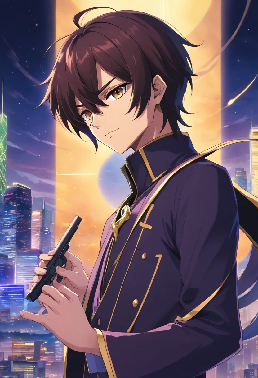 Lelouch Lamperouge, homem, cabelo medio acima do ombro, manga, anime, gotic, olhos vermelhos, olhar desafiador, futurista, magia negra, villain character, efeitos de luz