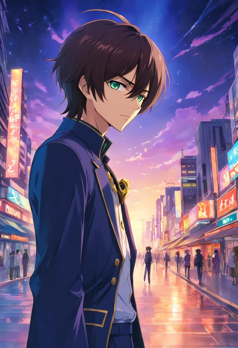 Lelouch Lamperouge, homem, cabelo medio acima do ombro, manga, anime, gotic, olhos vermelhos, olhar desafiador, futurista, magia negra, villain character, efeitos de luz