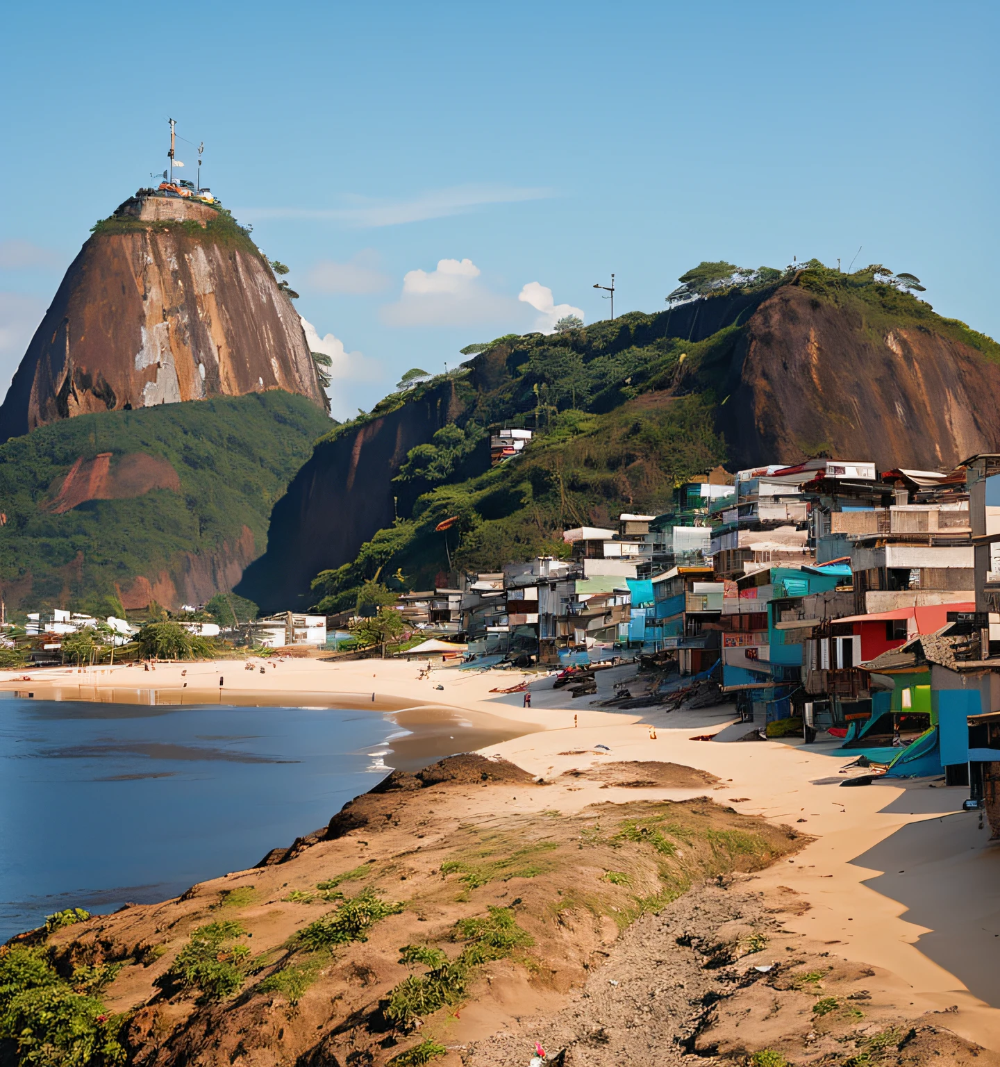 Mountains at the bottom of a beach and a body of water, rio de janeiro, rio de janeiro favela, Favelas no Rio, Location ( favela ), favela, Location ( favela _ PAREDE ), Rio de Janeiro em um filme de anime, favelas, inspired by Almada Negreiros, inspired by Antônio Parreiras