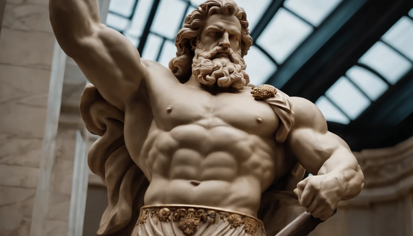 A closeup of a statue of a strong man, com barba, A marble sculpture of Zeus, classical realism, macho, wise, postura de poder, marble carving, 8k, cinemactic