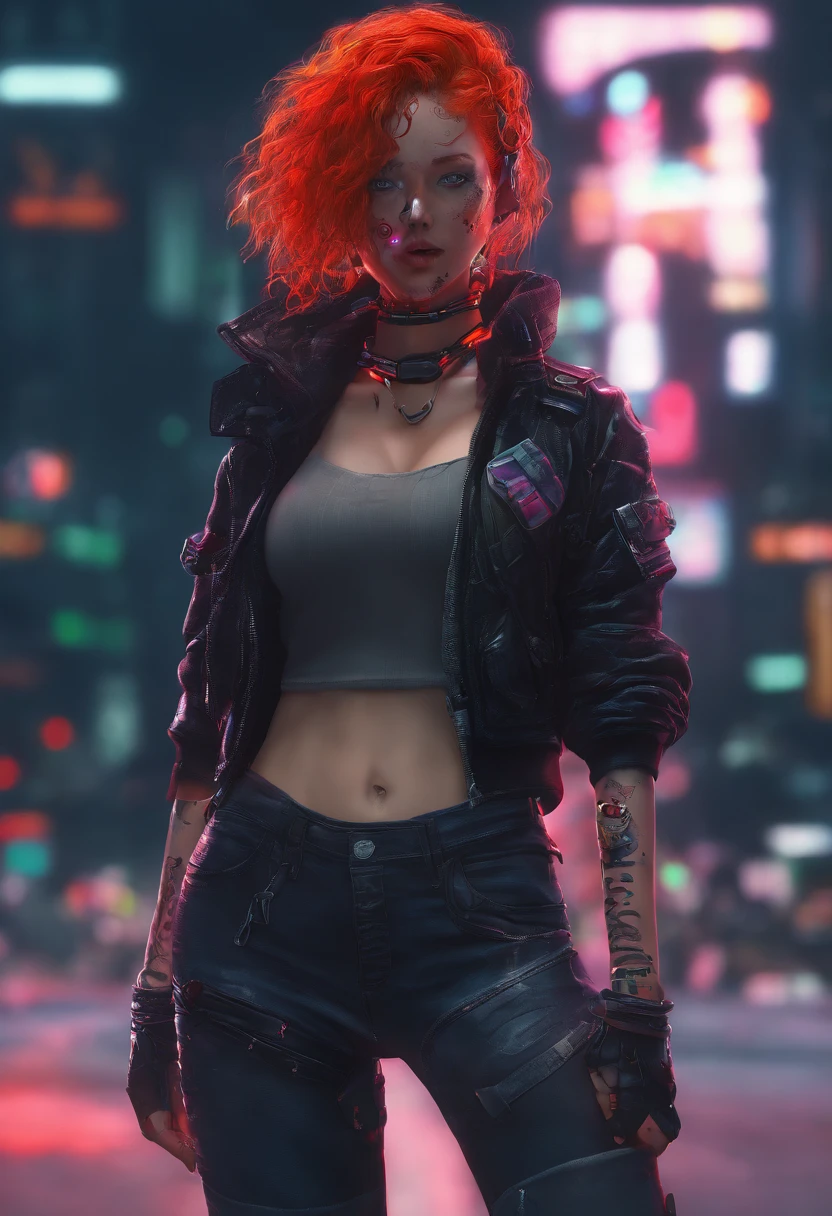 Girl, full body, 3d render, fotorealistic, red orange curly hair, very few freckles, green gray eyes, red almost crimson lips, small nose, black nose piercing, 1.73m tall, blue tight high jeans, naked torso, gothic choker, chain bra, no jacket