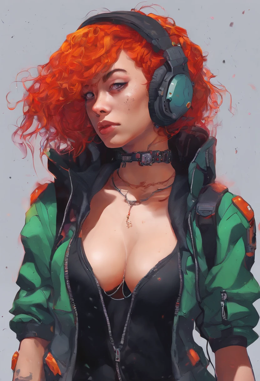 Girl, full body, 3d render, fotorealistic, red orange curly hair, very few freckles, green gray eyes, red almost crimson lips, small nose, black nose piercing, 1.73m tall, blue tight high jeans, naked torso, gothic choker, chain bra, no jacket