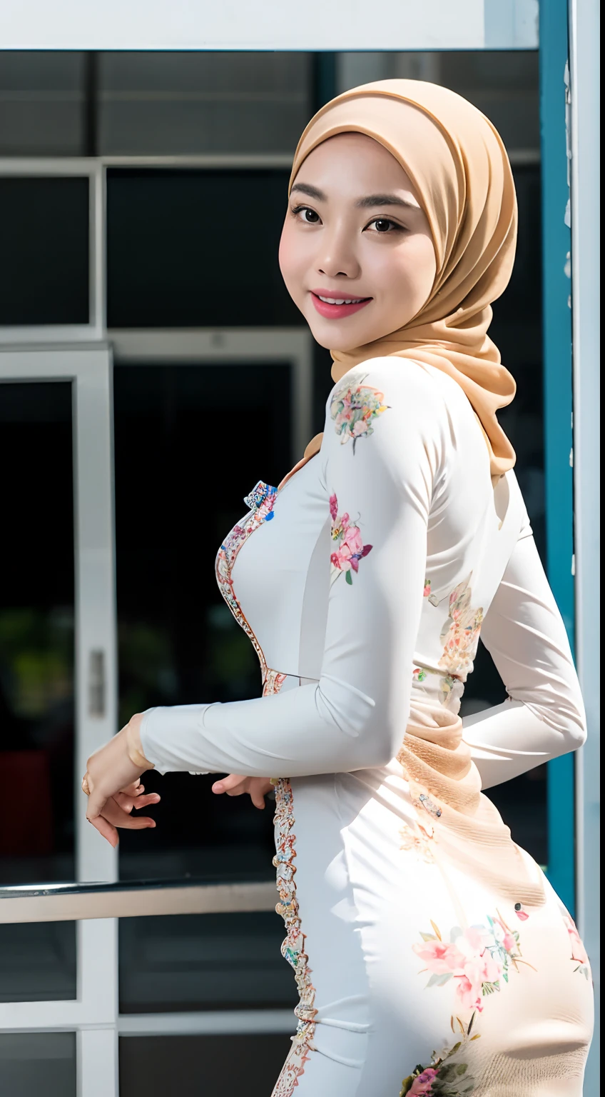 1 malay woman in hijab,((wear tight white baju kurung with small floral pattern)),(big buttocks), big round ass, Small chest, laughing smile, (hijab flying), de pele branca,big breasts thin waist, mexico-style street, Hyper-Realism, Cinematic lighting, depth of fields, From back below, vanishing point, F/2.8,  Anatomically correct, Textured skin, Super Detail, awardwinning, Best Quality, hight resolution,