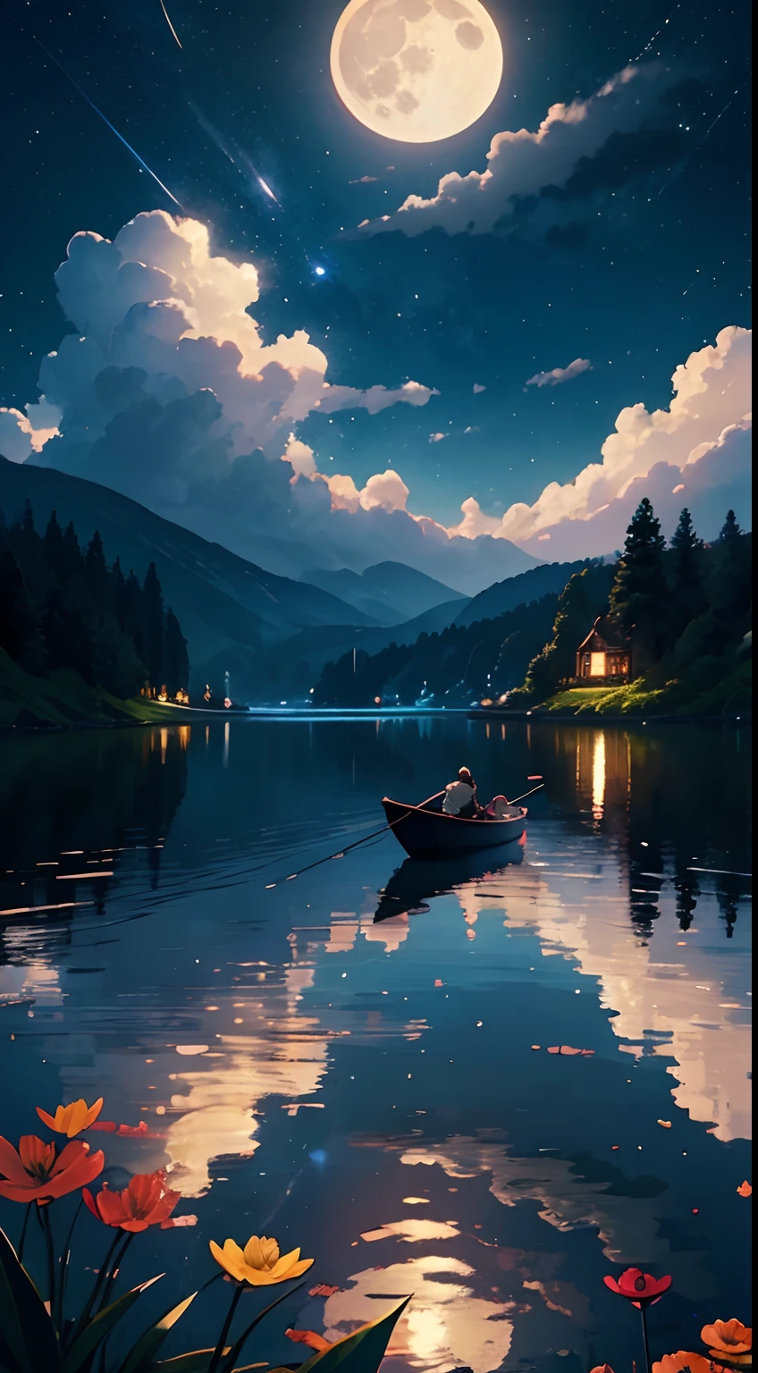 (masterpiece), best quality, a men fishing in a little boat in the lake, lamp in the boat, warm lights, gorgeous, reflections, beautiful clouds, sky, water, ((night)), cozy, white clouds, landscape, perfect light, pure, divine, 4k, stars, milkway, warm colors, good emotions, happy feelings, freedom, (dark night), bright stars, , soft clouds, full moon,