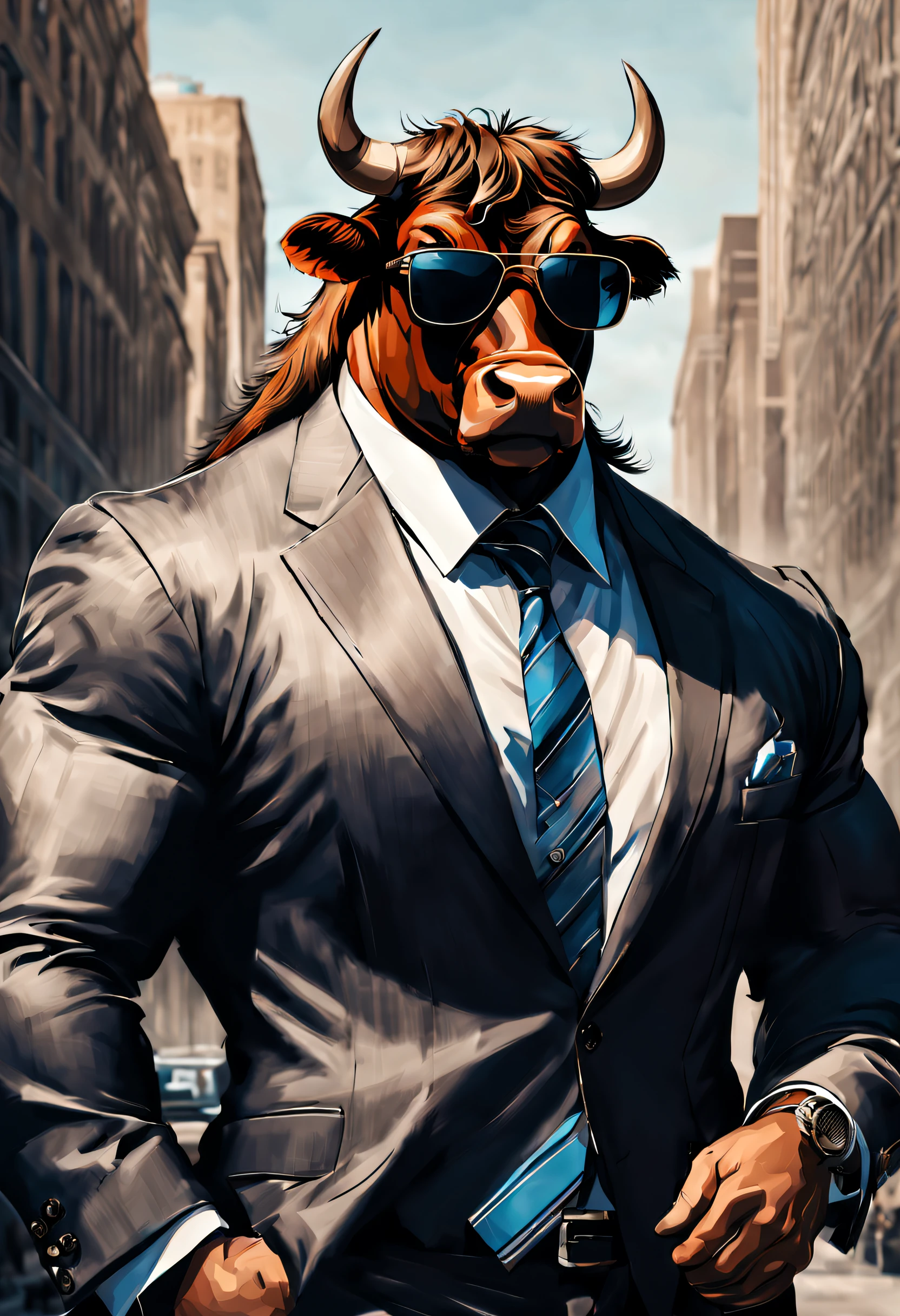 Character big muscular wallstreet Bull with sunglasses and suite, hairy, dark mood,