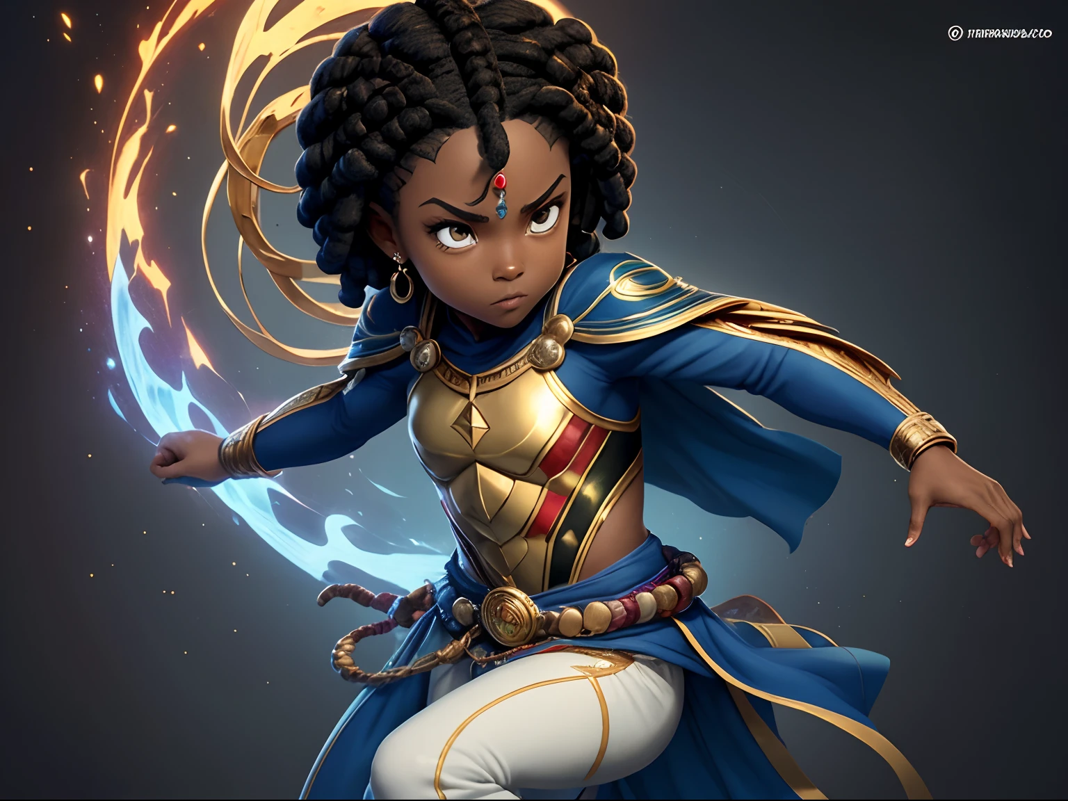 Pixar 3d Create an illustration of a young African child warrior with a powerful, confident stance. The child should have dark skin, wearing traditional African-inspired attire, including a red headscarf and a matching red tunic with golden accents. The warrior is holding a magical staff that emits bright blue lightning. The background should be simple, focusing attention on the child and the glowing blue energy surrounding the staff