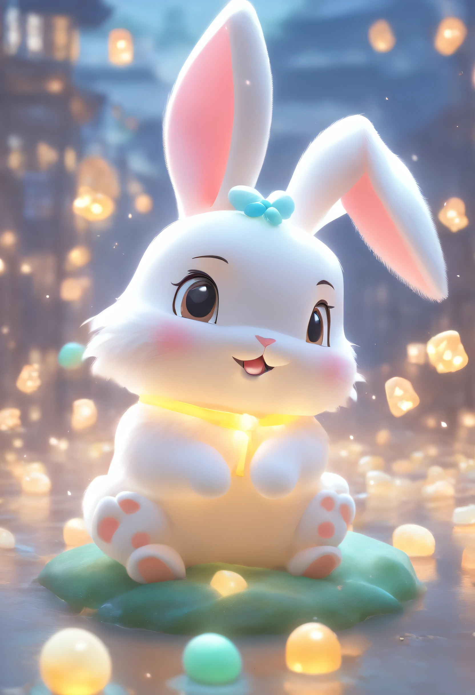 A very cute Jade Rabbit, Mid-Autumn Festival atmosphere, silk, (smooth texture), (don't feel fluky), white body, sitting on the ground, looking up, 3D, C4D, blender, octane rendering, simple background, (white background :1.5), soft color masterpiece, soft material, best quality, super detail, high quality, 4K --ar 3:4 --niji 5