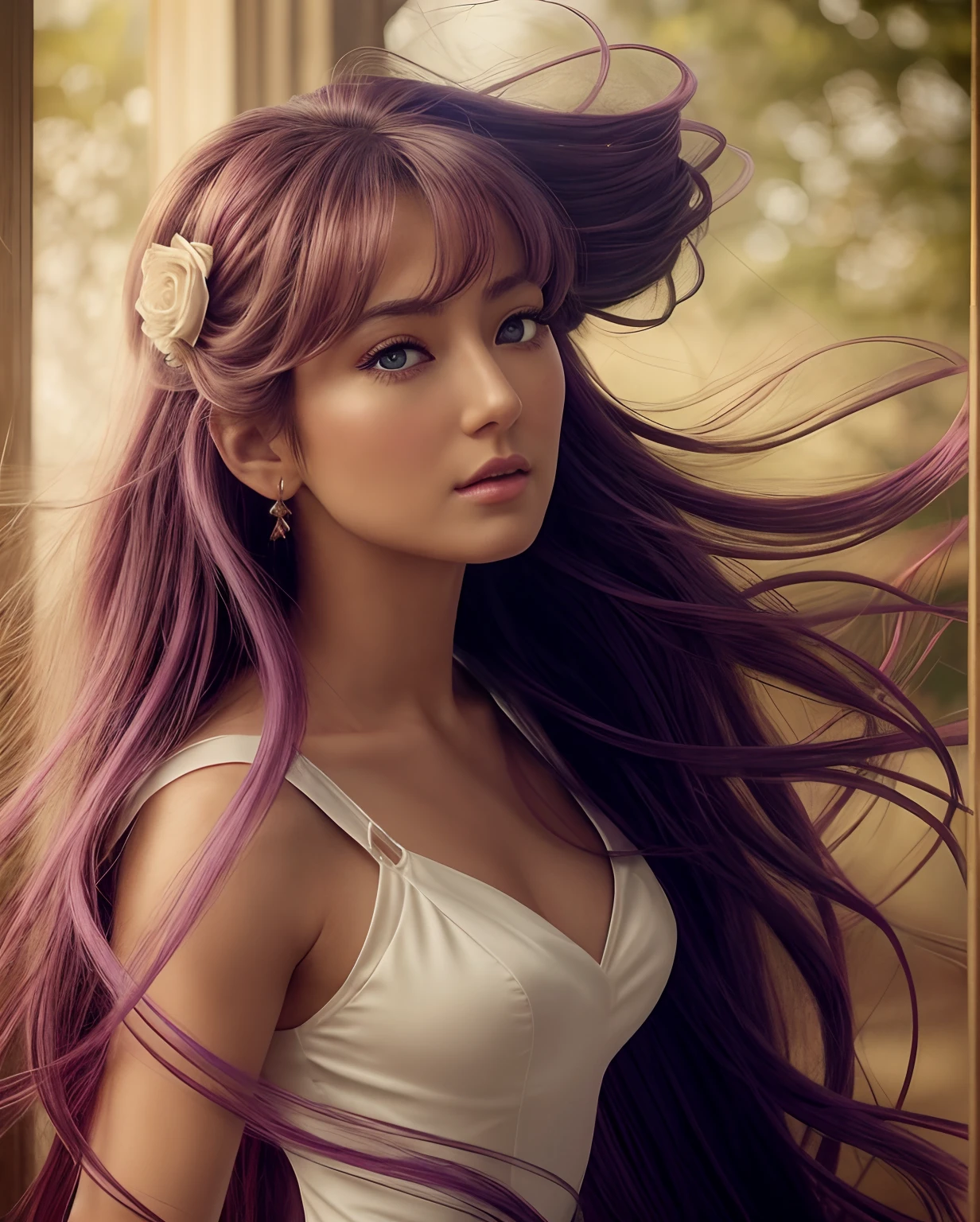Highresolution, realistic. Saint seiya, Saori Kido, Masterpiece, close up, beautiful woman, 1girl, greek features, big green eyes, , beautiful face, detailed face, delicate nose, delicate lips, rose lips, long purple hair, straight hair, bands. Wearing a delicate white dress. Perfect dress. Illuminated by multicolor aura. looking in front. Slightly side view.