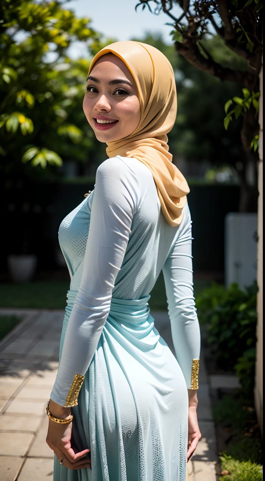 1 malay woman in hijab,((wear tight white baju kurung with small floral pattern)),(big buttocks), big round ass, Small chest, laughing smile, (hijab flying), de pele branca,big breasts thin waist, mexico-style street, Hyper-Realism, Cinematic lighting, depth of fields, From back below, vanishing point, F/2.8, Anatomically correct, Textured skin, Super Detail, awardwinning, Best Quality, hight resolution,