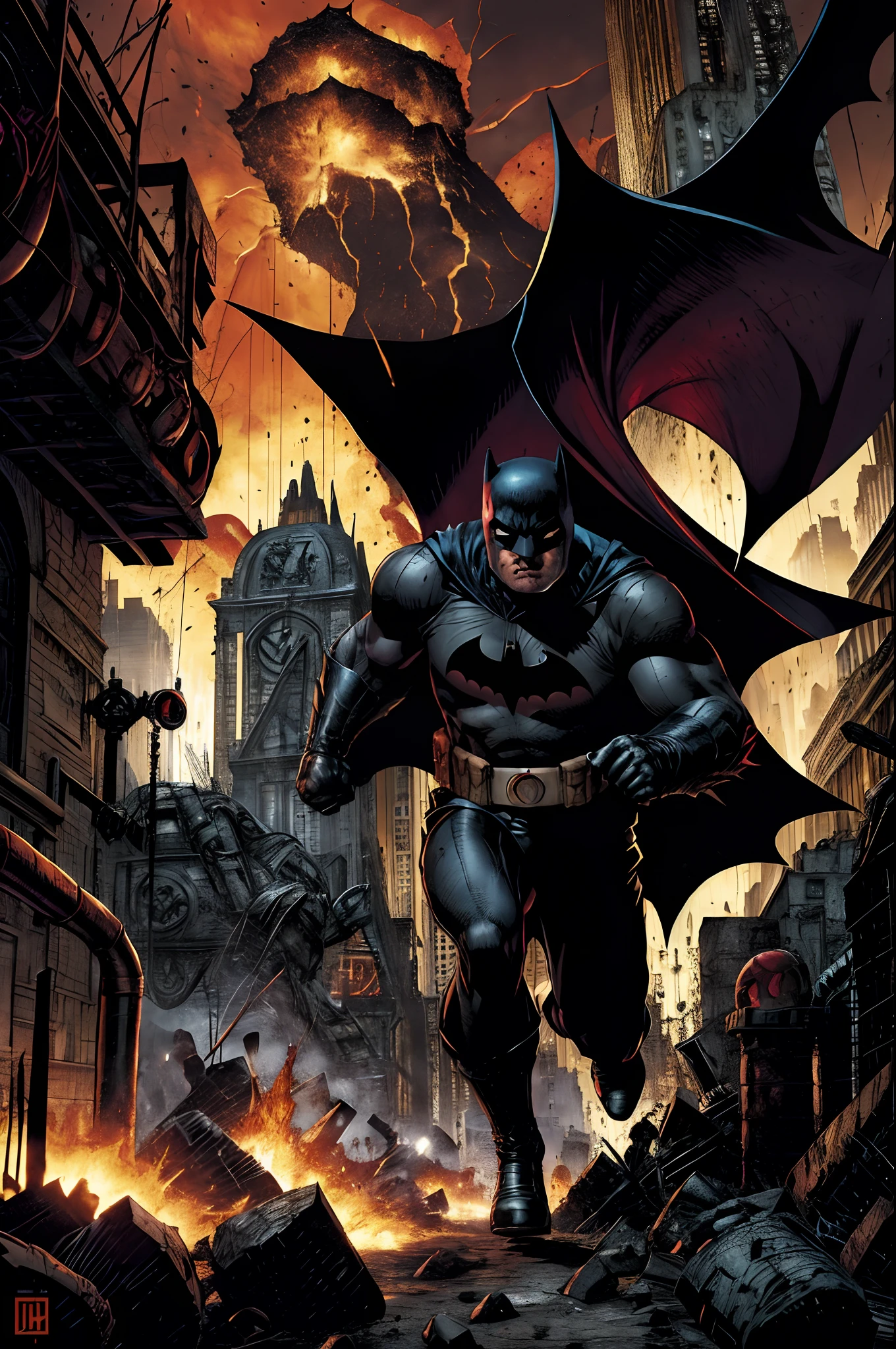 Hitler levsnta dos mortos e destroi Gotham city com bombas e raios, Batman punches hitler and starts the fight... sangue nas ruas e paredes, fig coming out of the ground ds Gotham, lots of volcano lava coming out of the ground