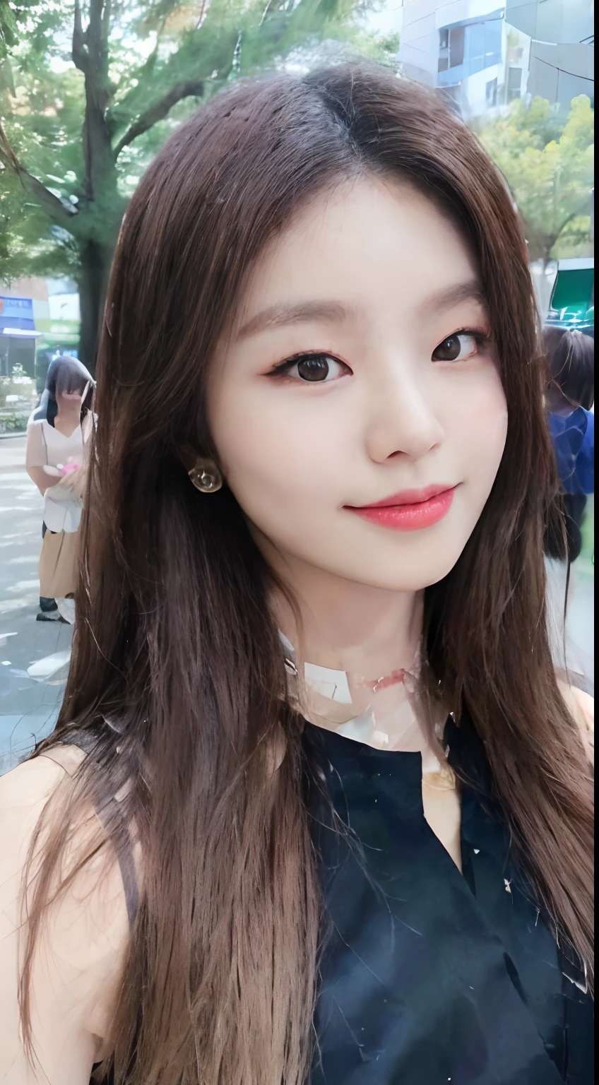 ((Best quality, 8k, Masterpiece :1.3)), 1girl, smiling, full body, slim face, Pretty woman, (Dark brown hair), full length dress :1.1, Ultra-detailed face, Detailed eyes, Double eyelid, blur background, slim face, city, outside, street,