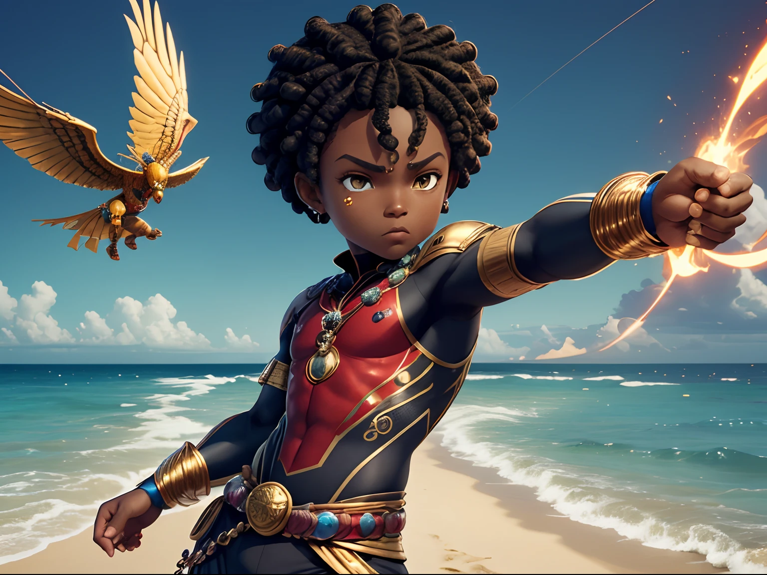 Crie uma imagem de um ninja negrode ,corpo inteiro uma personagem marrons, diffetent angles, no estilo Miraculous Ladybug, ficha de personagem, fundo branco --ar 3:2, poses de personagem , Depois de um apocalipse no futuro, afro cabelo caindo para frente, Rasta type but braided, corpo inteiro, vestindo um traje indiano ribulo africano corpo inteiro, A realistic 4K phoenix with blue feathers, dourado, cosmico , with an expression The route follows the nuclei of the flag of Cape Verde. The top is deep blue, simbolizando o oceano que cerca as ilhas. The chest and the central part are white, representando a paz e a unidade do povo cabo-verdiano. The sleeves and legs are red, denoting determination and spirit, do 10 Estrelas Douradas, : Ten gold stars are prominently displayed at the top of the costume, ao longo do peito e ombros,representando as 10 principais ilhas de Cabo Verde. Cada estrela, It is carefully detailed and shines brightly against the background of the Star Belt