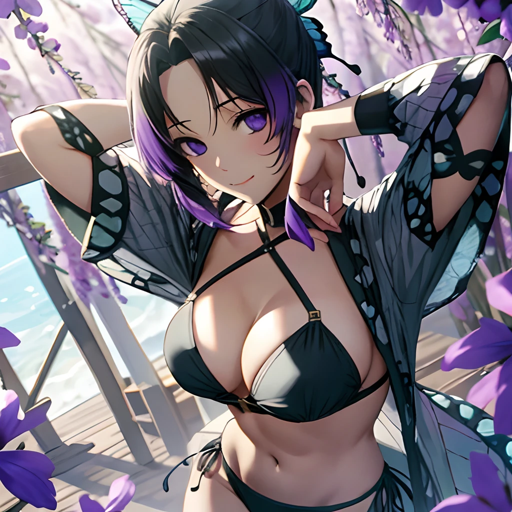 Ultra-realistic 8kCG，tmasterpiece，（（hyper detailed background，delicate patterns，intricate-detail）），best qualtiy，extremely detailed eye and face，extremely detailed eye，kochou shinobu，O cabelo multicolorido，No bangs，Hair intake，Black eye，Cap，Black shirt，Black panties，（The bikini），butterflys，Strip Strip，（Trepical Garden：1.2），purple flower，Mostly cloudy sky，rays of sunshine，Tyndall effect，gradient_Heaven，faces，Beautiful sky，Saber on the waist，enchanting posture，（large full breasts:1.3)，（cleaveage:1.3)，（Off-the-shoulder costumes:1.5),ssmile, Appearance from behind, butt sticks out