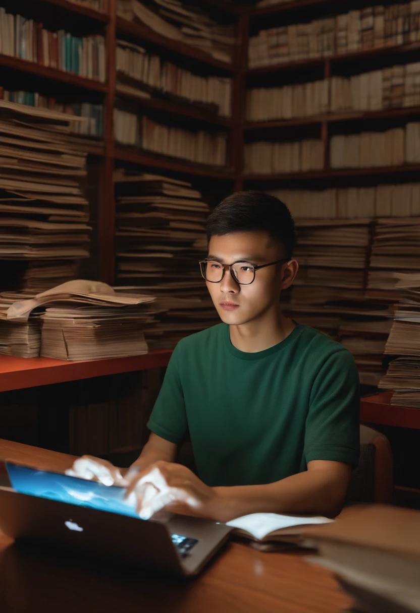 A young Chinese man, Li Wei, focused on his laptop while working on his revolutionary gaming app, "Virtual World". An empty classroom with books stacked next to him symbolizing his learning efforts. anaglyph, stereogram, tachi-e, pov, atmospheric perspective, 8k, super detail, ccurate, best quality