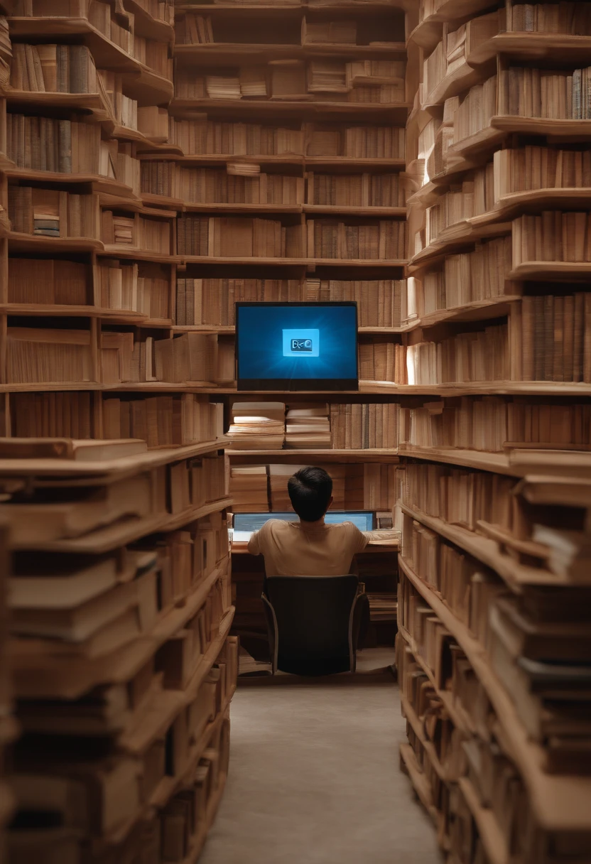 A young Chinese man, Li Wei, focused on his laptop while working on his revolutionary gaming app, "Virtual World". An empty classroom with books stacked next to him symbolizing his learning efforts. anaglyph, stereogram, tachi-e, pov, atmospheric perspective, 8k, super detail, ccurate, best quality