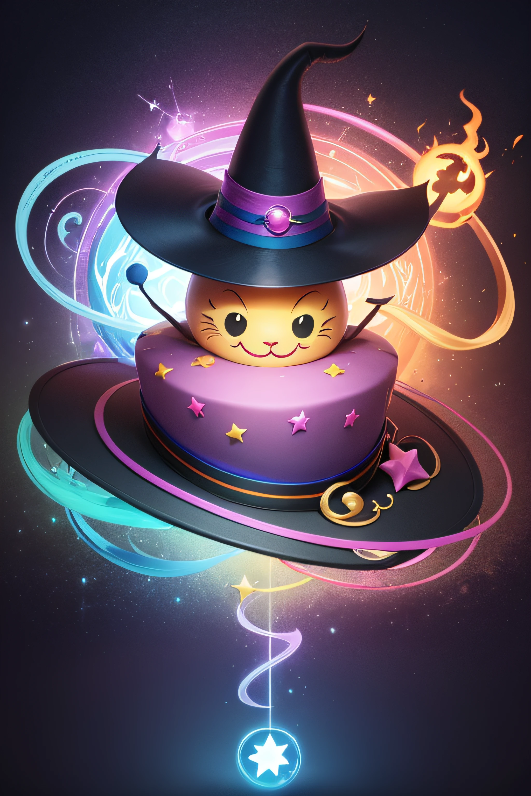 A magic wand drawn in a cartoonish way, with a sorcerer's hat balanced on its tip. The wand is surrounded by meme symbols, como rostos sorridentes, funny emojis and dialogue balloons with hilarious words. No fundo, A colorful rainbow stretches across the horizon, adding a touch of fun and magic to the image.
