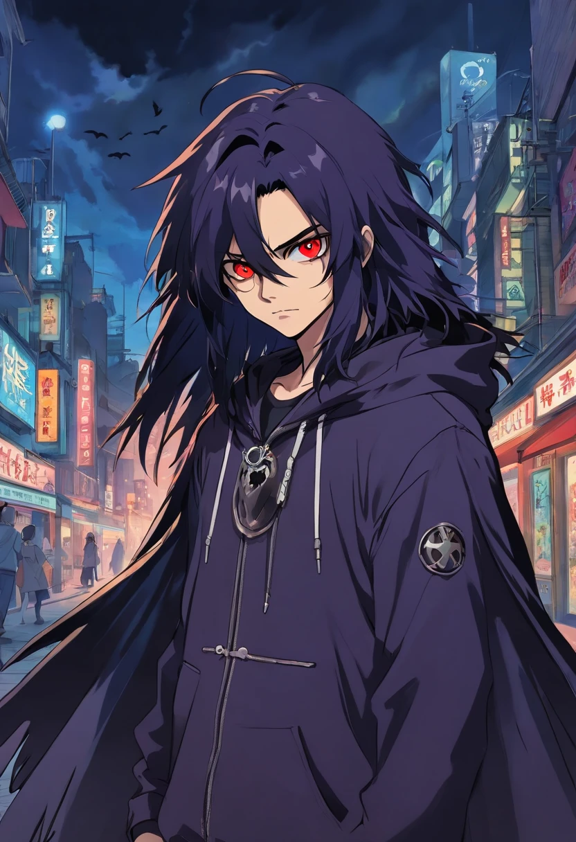 The Crow, man with messy long hair, alice cooper, hard rock, Rockstar, hood on the head, manga, anime, gothic, red eyes, defiant look, piercing nose ring, futuristic, black magic, villain character, light effects. Scenario is a show, lights and flashes