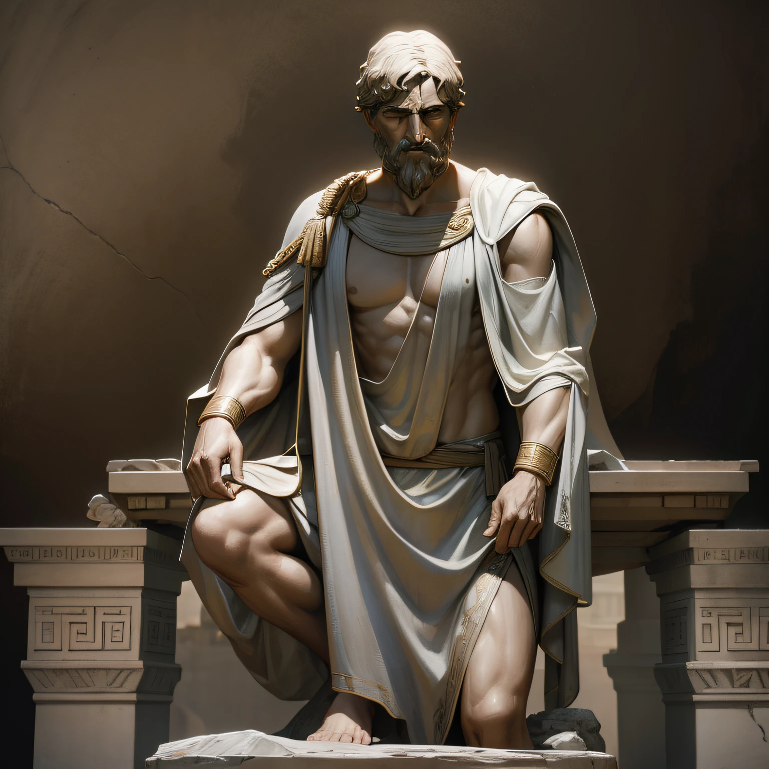 A statue of a Greek man standing, realistic statue of brave Aristotle wearing a toga, fundo neutro, Moody, , fotorrealista, super detalhada, Hiper realista, fundo escuro, 8 mil