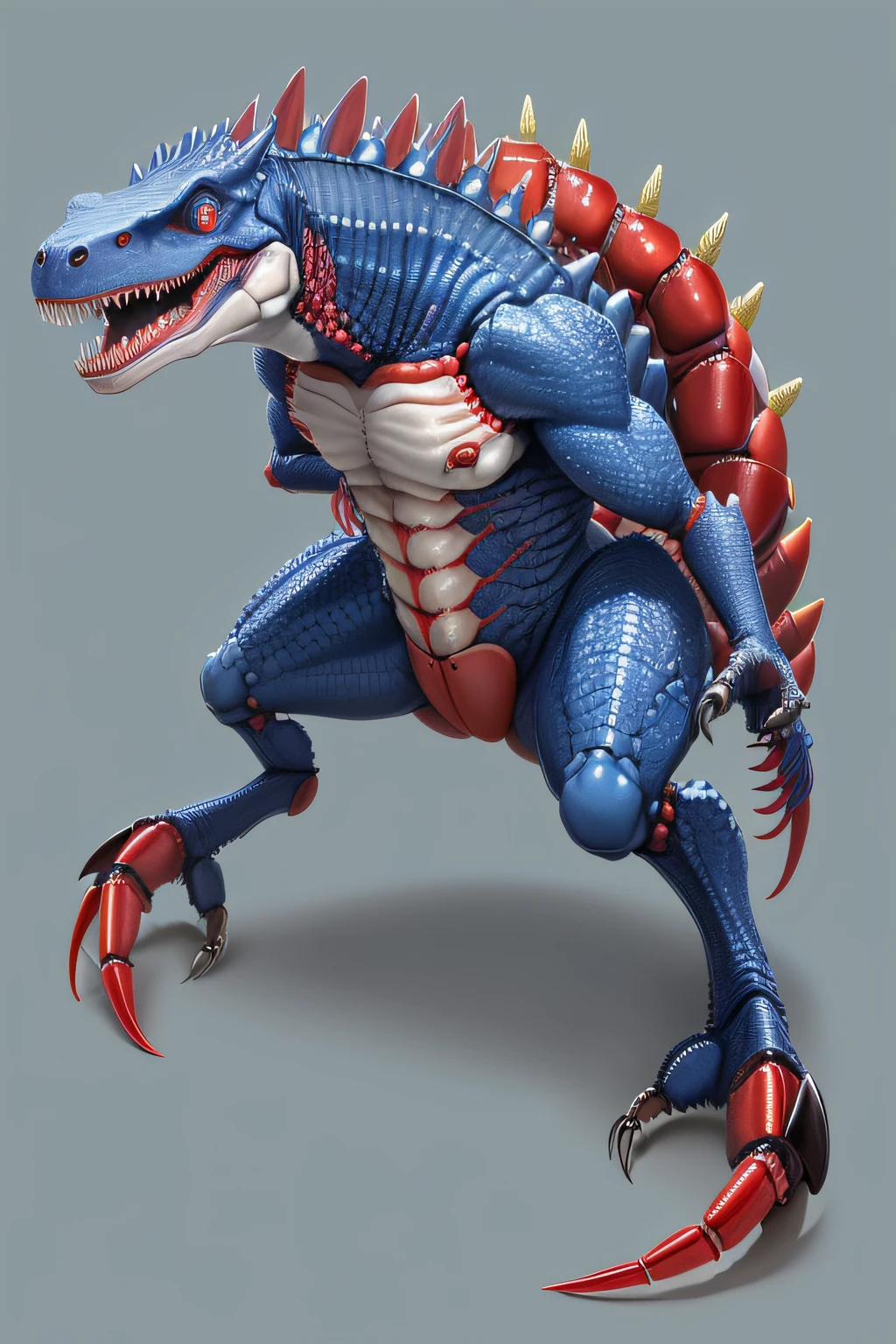 Cangrejosaurio Rex: A mesmerizing hybrid creature fusing the qualities of a crab and a Tyrannosaurus Rex, featuring crab pincers, eight legs, a T-Rex body, head, and tail, and a pair of antennae with striking blue eyes.