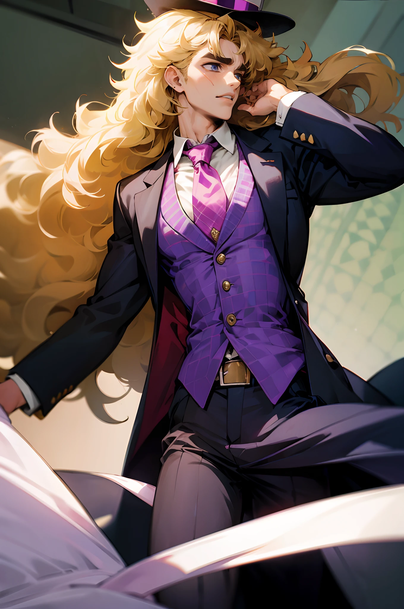 Speedwagon, solo, long hair, blonde hair, 1boy, male focus, necktie, scar, formal suit, checkered top hat