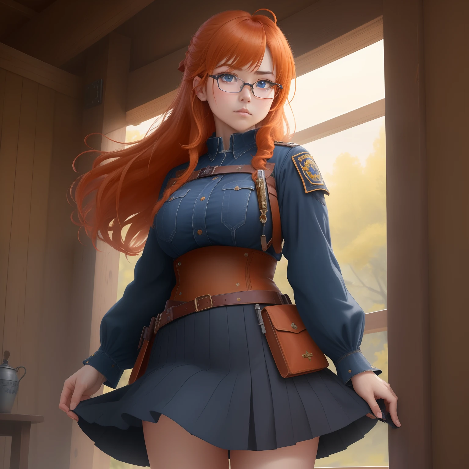 8k, masterpiece, best quality, realistic, higly detailed, cowboy shot, 1girl, solo, itsuki, serious looking girl, medium-length hair, expressive ahoge, reddish-orange hair, a pair of star-shaped hairpins near both of her eyes, dark blue eyes, average height, well-endowed figure, glasses, cute, military