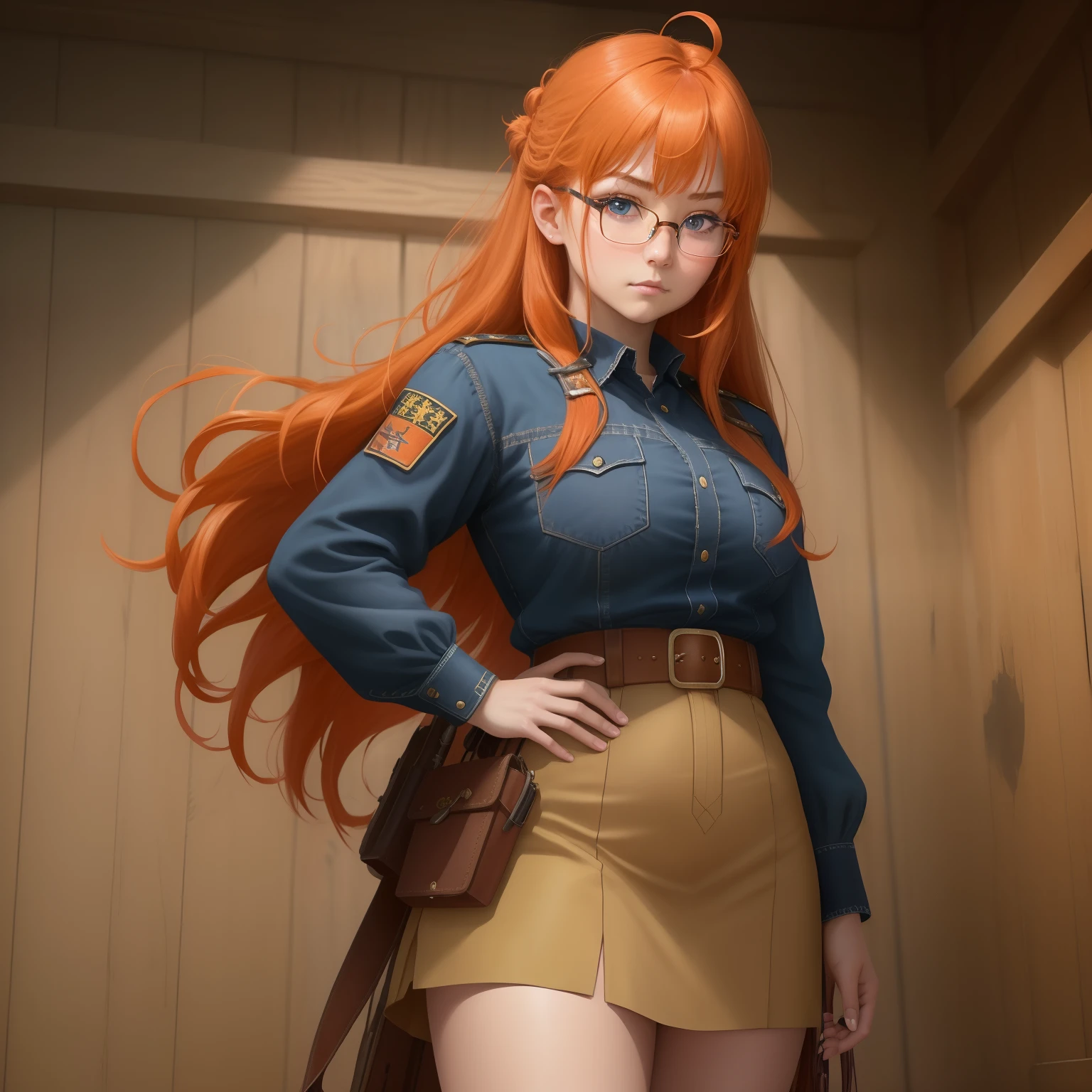 8k, masterpiece, best quality, realistic, higly detailed, cowboy shot, 1girl, solo, itsuki, serious looking girl, medium-length hair, expressive ahoge, reddish-orange hair, a pair of star-shaped hairpins near both of her eyes, dark blue eyes, average height, well-endowed figure, glasses, cute, military