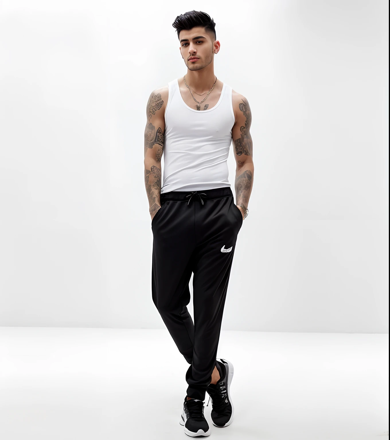 male, blonde, tiny body, masculine square face, ultrarealistic, ultra detailed skin, wet skin, black NIKE sweatpants, white socks, full body view