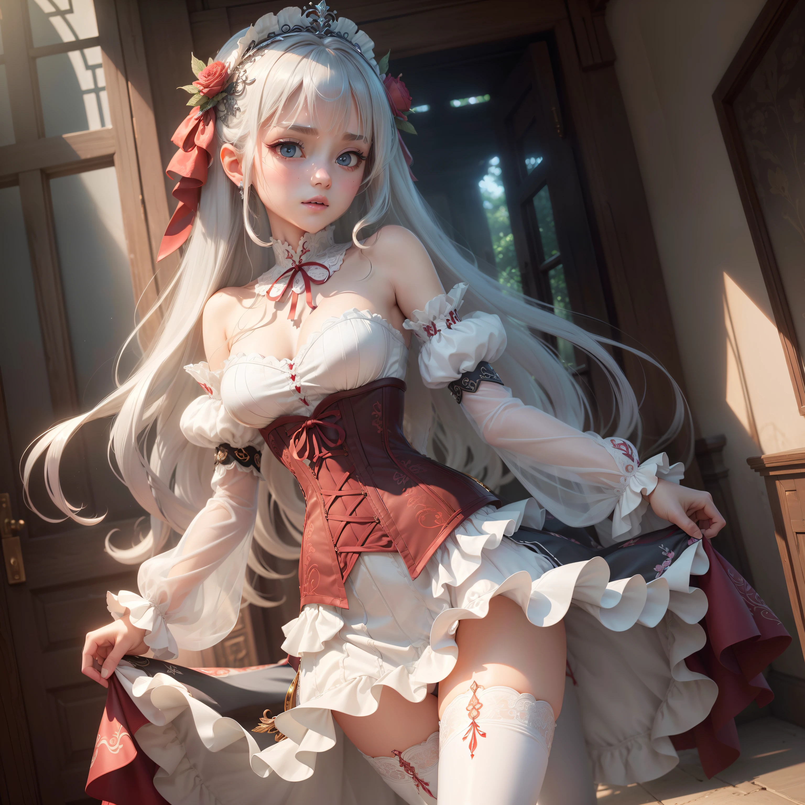 ((the Extremely Detailed CG Unity 8K Wallpapers)), masutepiece, Ultra-detailed, floating, High resolution, Sexually suggestive, (Petite, ridiculously long gray hair, Princess, White Devil Taoism, Blue eyes, (White and red see-through gorgeous mini layered long dress、Long sleeves and intricate embroidery), Bridal Veil, circlet, bridal gauntlets, Blushing, Shy, Ruffle Petticoat, Glamorous corset,Skinny Legs,