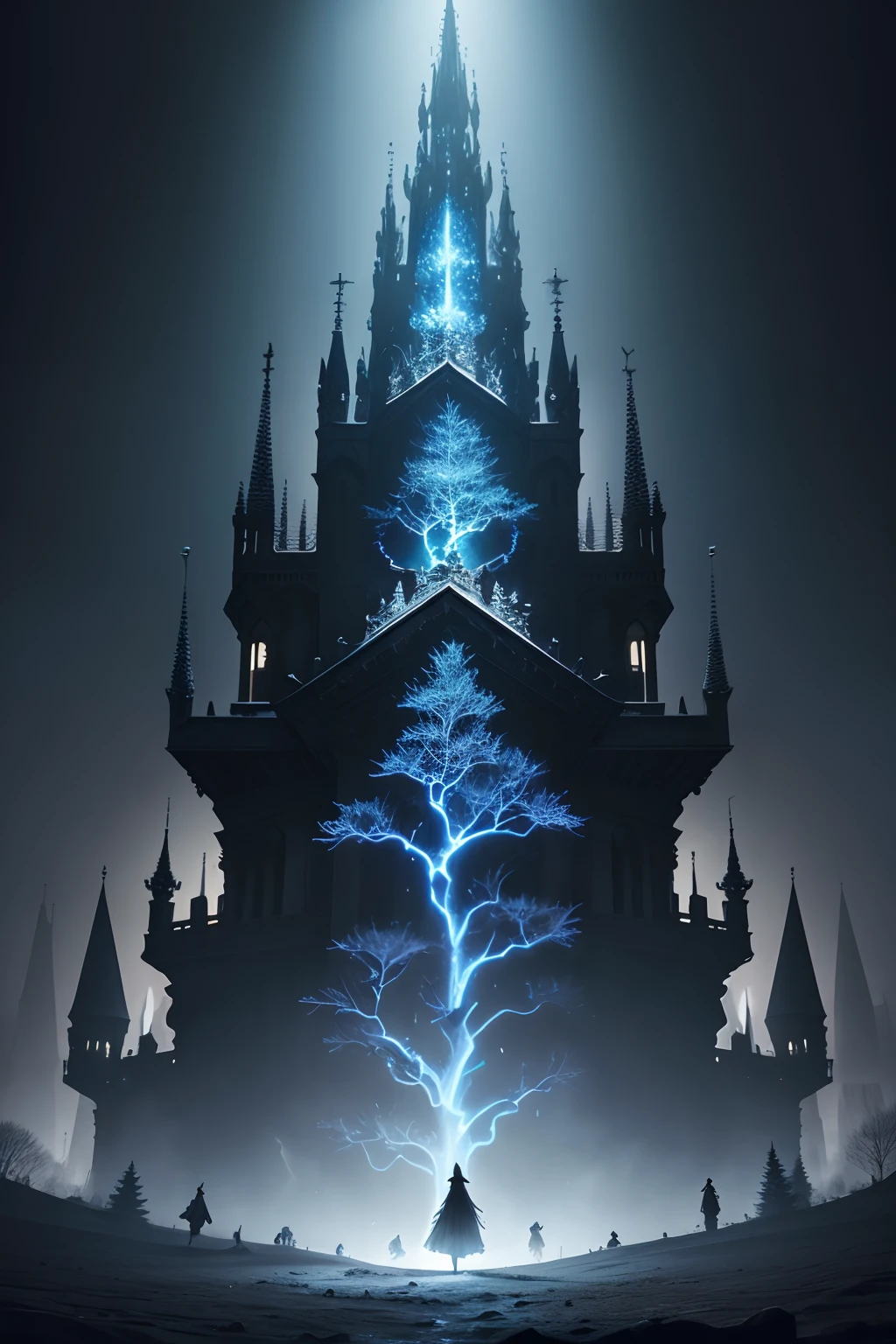 A majestic and magical tree rises against a dark background. Seus galhos se estendem em formas complexas, creating empty spaces between them. Within these empty spaces, we see representations of various interwoven stories: um castelo antigo, An imposing dragon, A Gracious Fairy and Other Fantastic Characters. Each element is meticulously detailed, making them visible even in the midst of darkness.