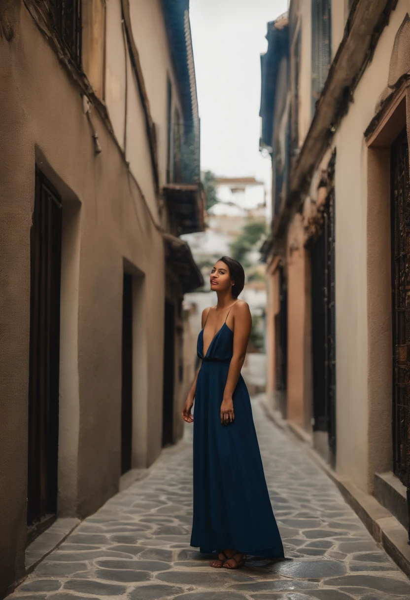 (Calidad superior, 8k, Obra maestra: 1.3)), (1 persona: 1.4), , Japan Woman, 21 years old, portrait photography, alto contraste, Perspectiva divina, apertura F1.2, Distancia focal 24mm, (cuerpo completo: 1.2), They are smiling, photo pose, encaje fino, vestido deslizante, Vestido de corte simple, Pechos grandes, corte simple, Cabello largo y negro, Atado de cabello, Detalles ultra detallados de la piel, Textura detallada de la tela, ojos azules
