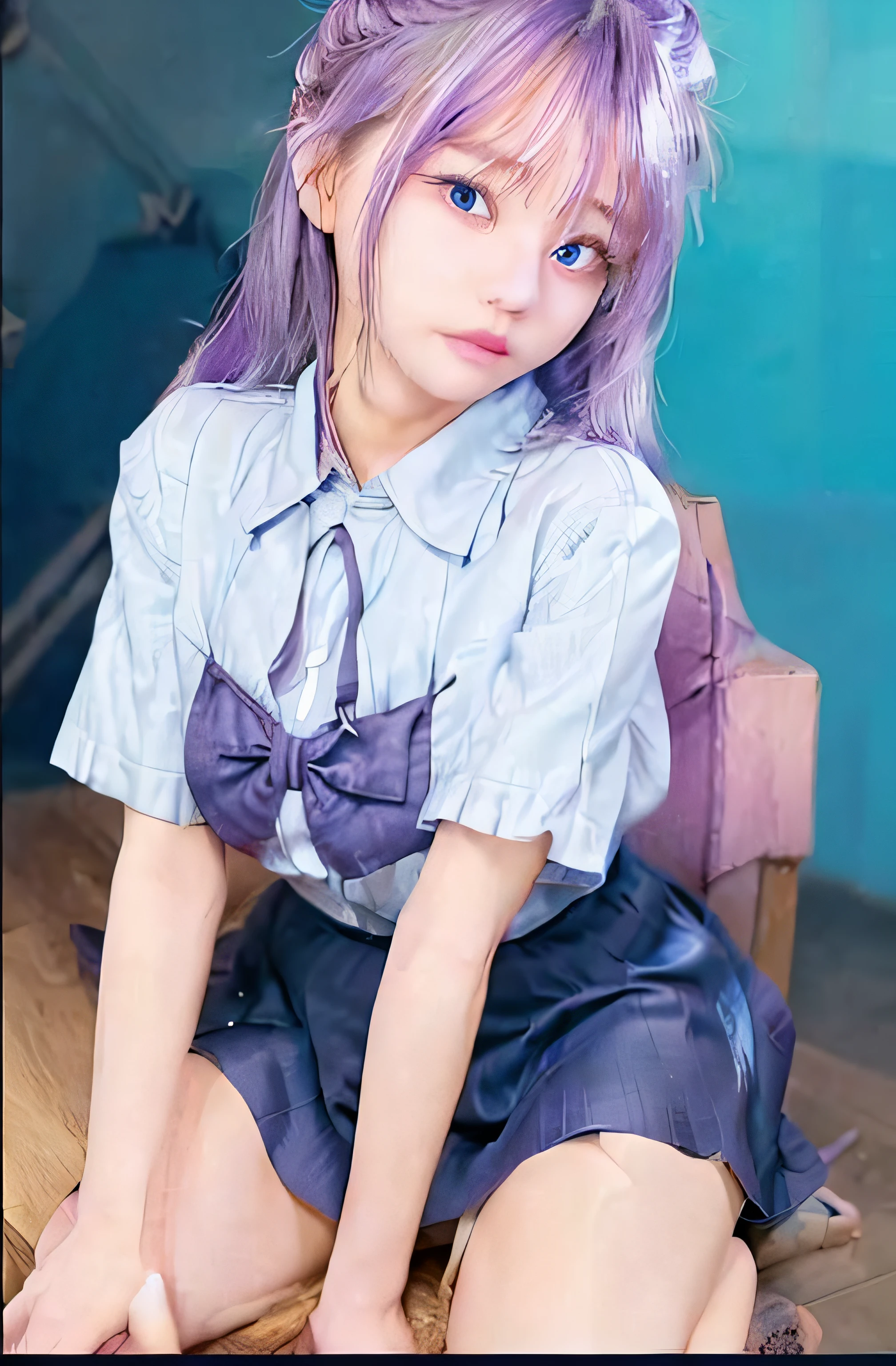 1girl, blue eyes, purple hair, 2 buns, Big Blue Ribbon on shirt, blue uniform skirt