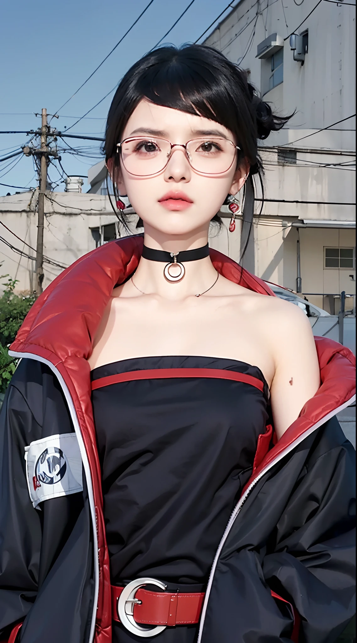 Real life adaption of this character,her name is Sarada uchiha from anime boruto,Korean teen beauty face, wear glasses ,realistic same hair, realistic same outfit, realistic same belt, realistic same necklace,realistic background, hyper realistic, realism, realistic light, realistic shadow,(photorealistic:1.2)