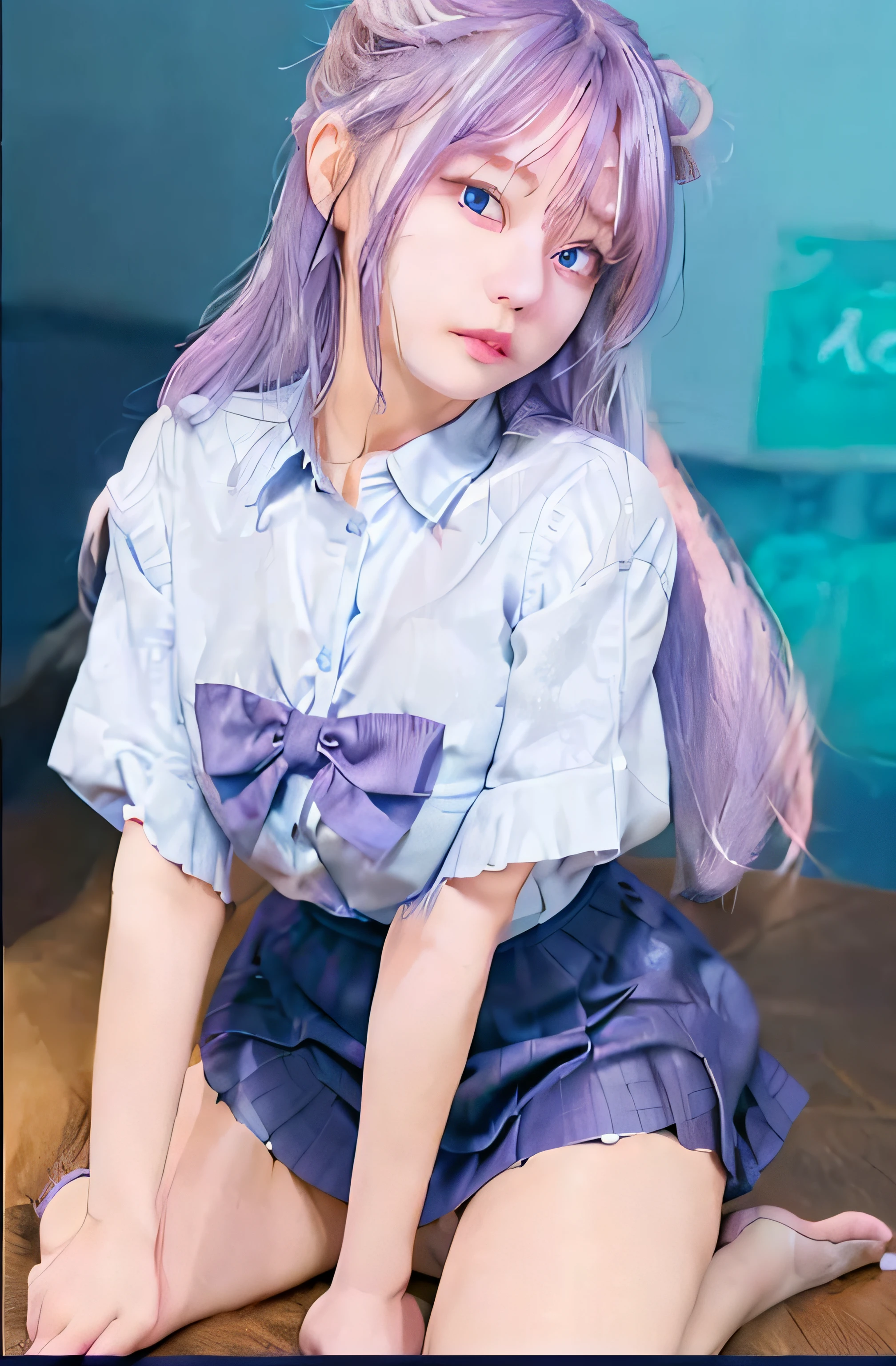 1girl, blue eyes, purple hair, 2 buns, Big Blue Ribbon on shirt, blue uniform skirt