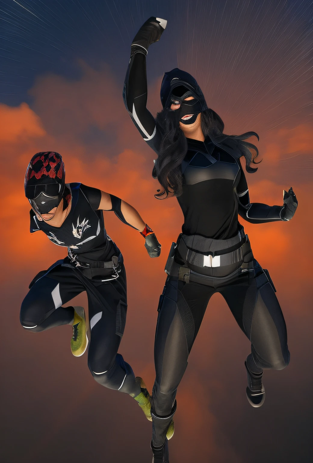 two superheroes away from the POV, jumping from one building to the next during the night. One is a woman in black clothes sliding in a wingsuit and the other is a boy jumping