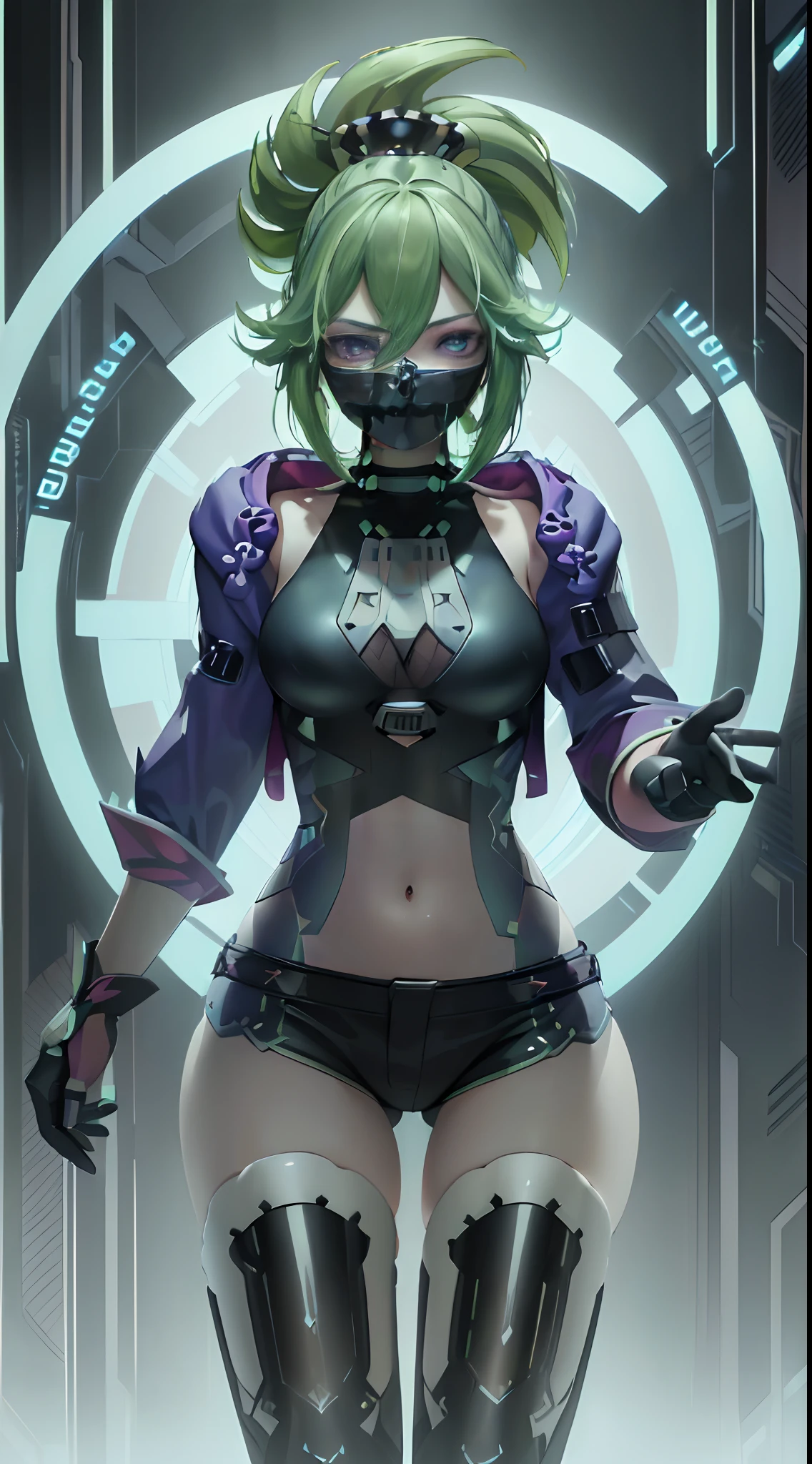 (masterpiece, best quality, high res, absurdres, ultra-detailed:1.3), 1girl, (tron, cybers pace, techno, cyberpunk, (((green hair))), pink and green neon light rays, iridescent, holographic, hdr: 1.6), (prpdef1, cowboy shot:1.3), perfect hands, perfect eyes, perfect body, intricate details