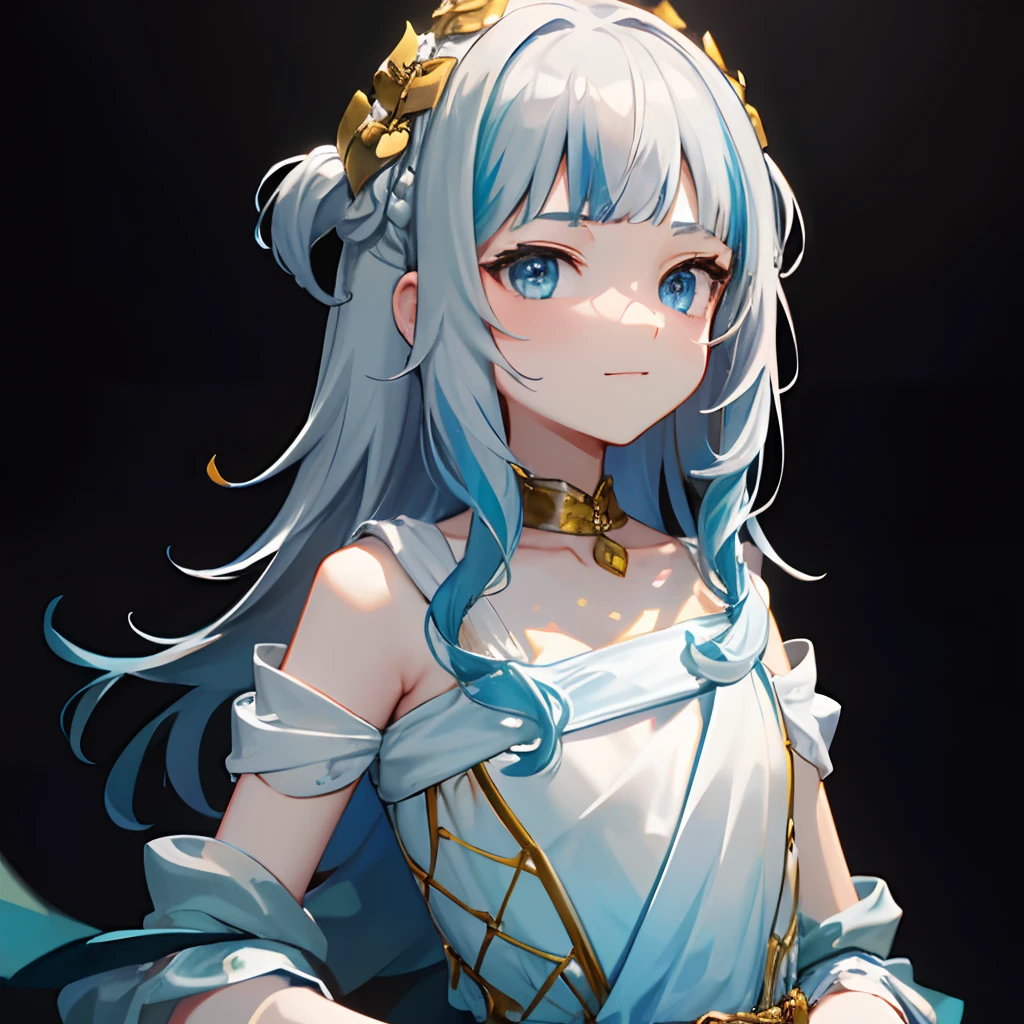 8K, masterpiece, absurdres, intricate details, best quality, gura_atlantis, gradient dress, laurel crown, only character, only shoulders and above, facing forward, slightly smiling, black background,